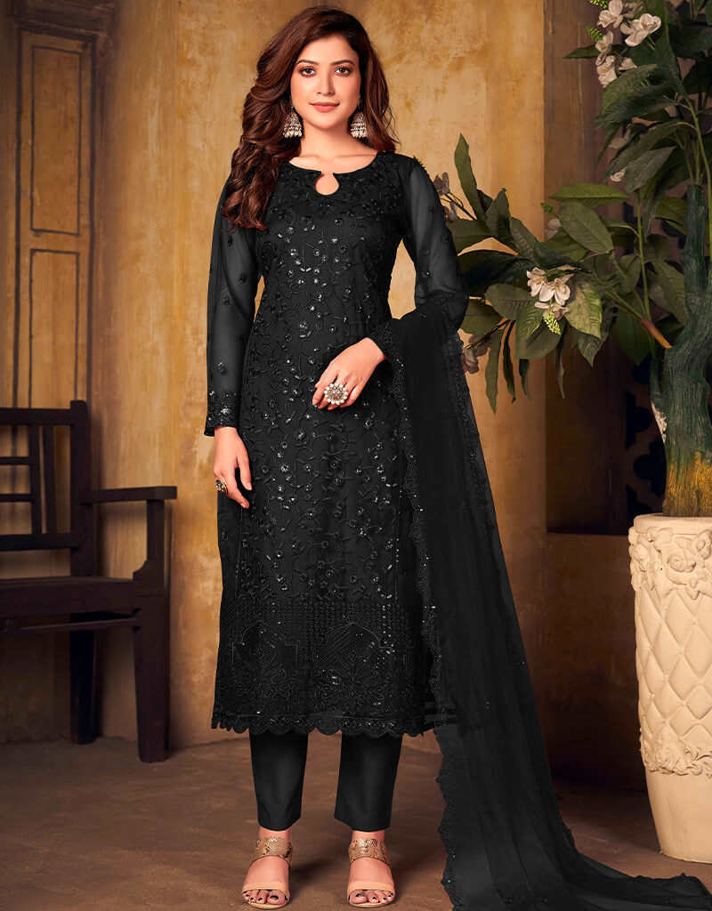 Stylish Black Net Chudidar Suit for Women - Elegant Indian Ethnic Wear - Perfect for Weddings, Parties & Festive Occasions