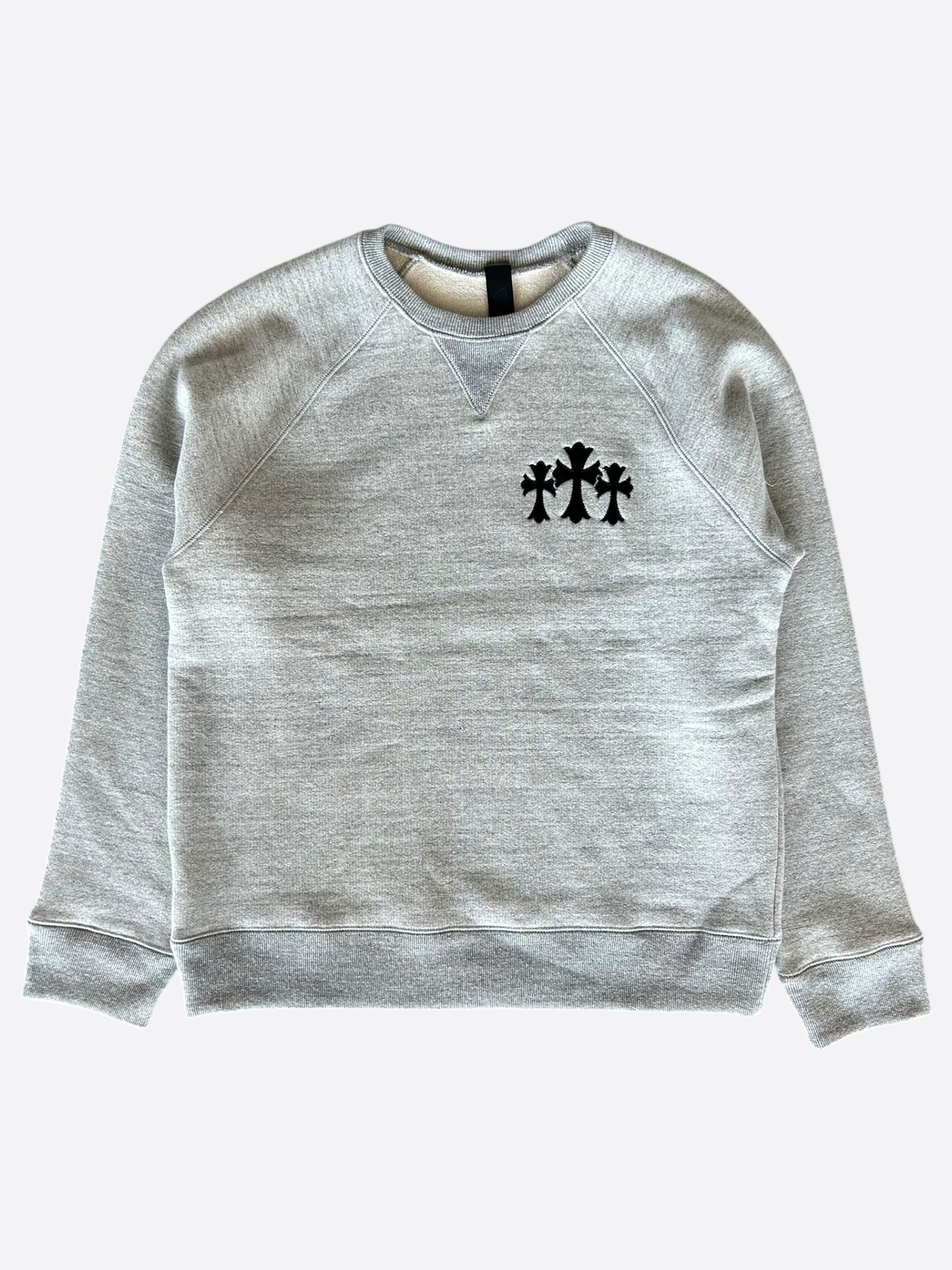 Chrome Hearts Grey & Black Triple Cross CH Logo Embroidered Sweater for Men - Gothic Streetwear Fashion Hoodie for Casual Outfits & Night Out