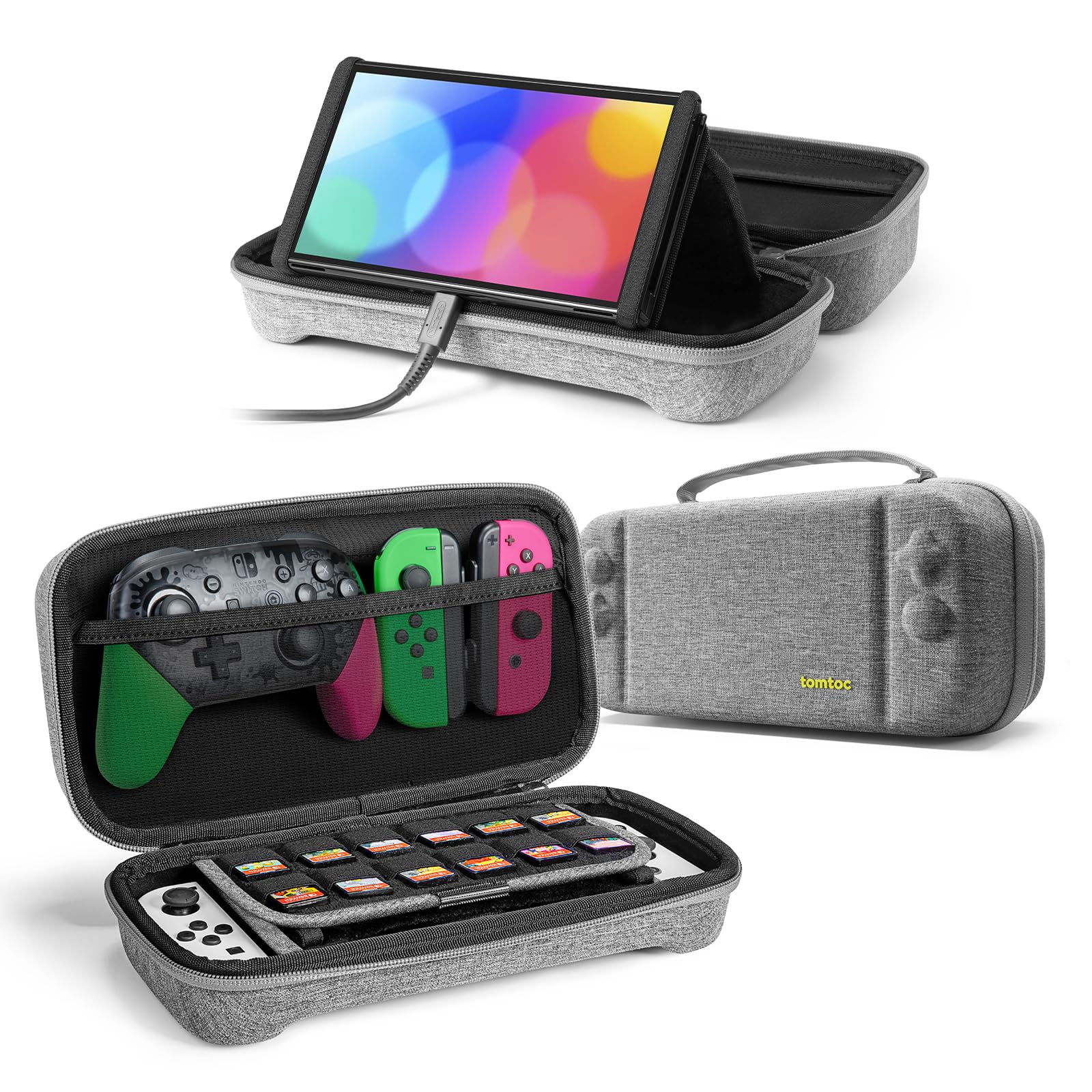 Tomtoc Protective Carrying Case for Nintendo Switch & OLED Model - Large Travel Bag with Pockets for Pro Controller, Joy-Con Grip & AC Adapter - Holds 24 Game Cartridges - Perfect for Gaming on the Go, Travel & Storage