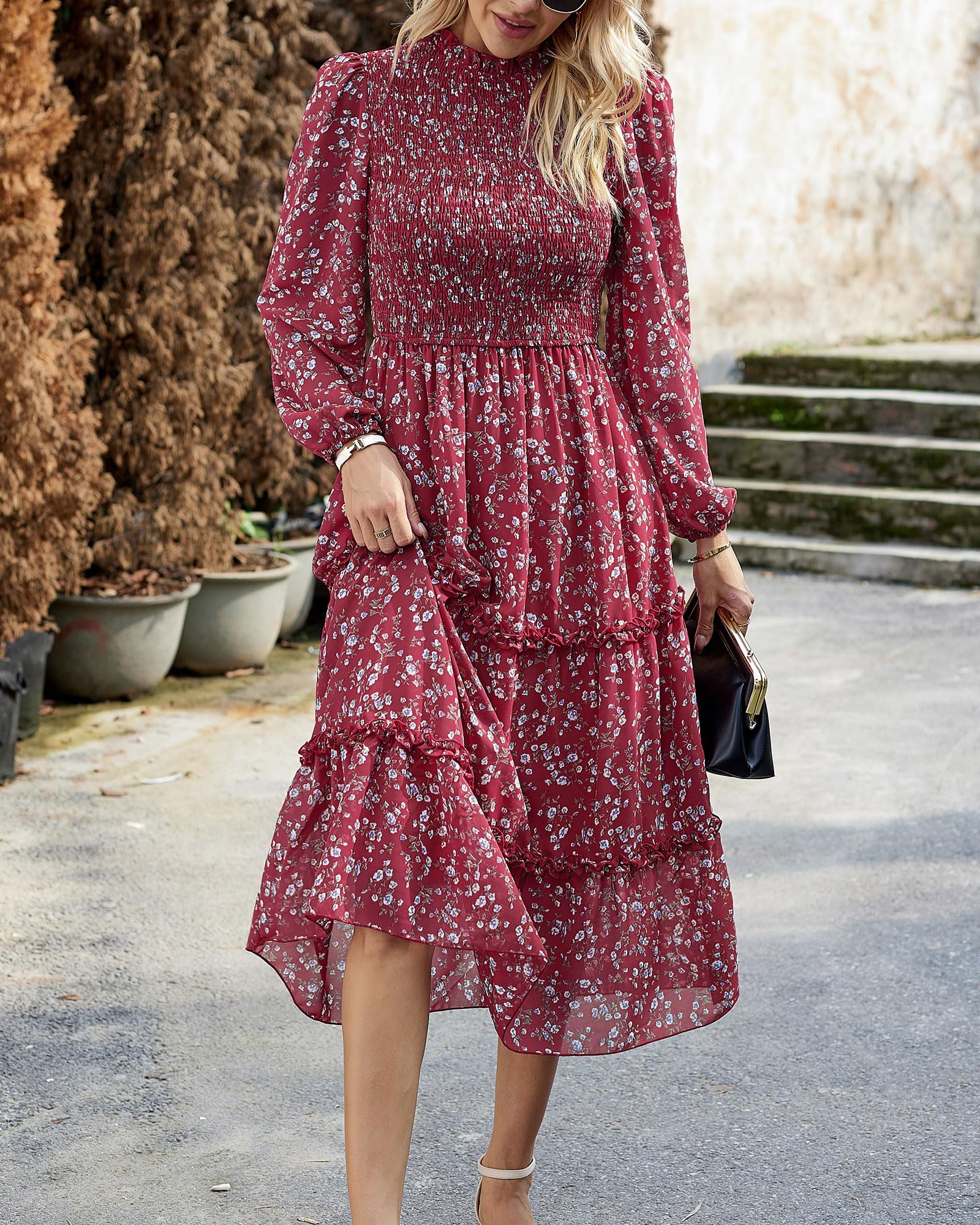 NOLLSOM Women's Floral Boho Maxi Dress 2025 - Long Sleeve Crew Neck A-Line Ruffle Wedding Guest Dress for Spring | Perfect for Beach Vacations, Garden Parties & Casual Outings