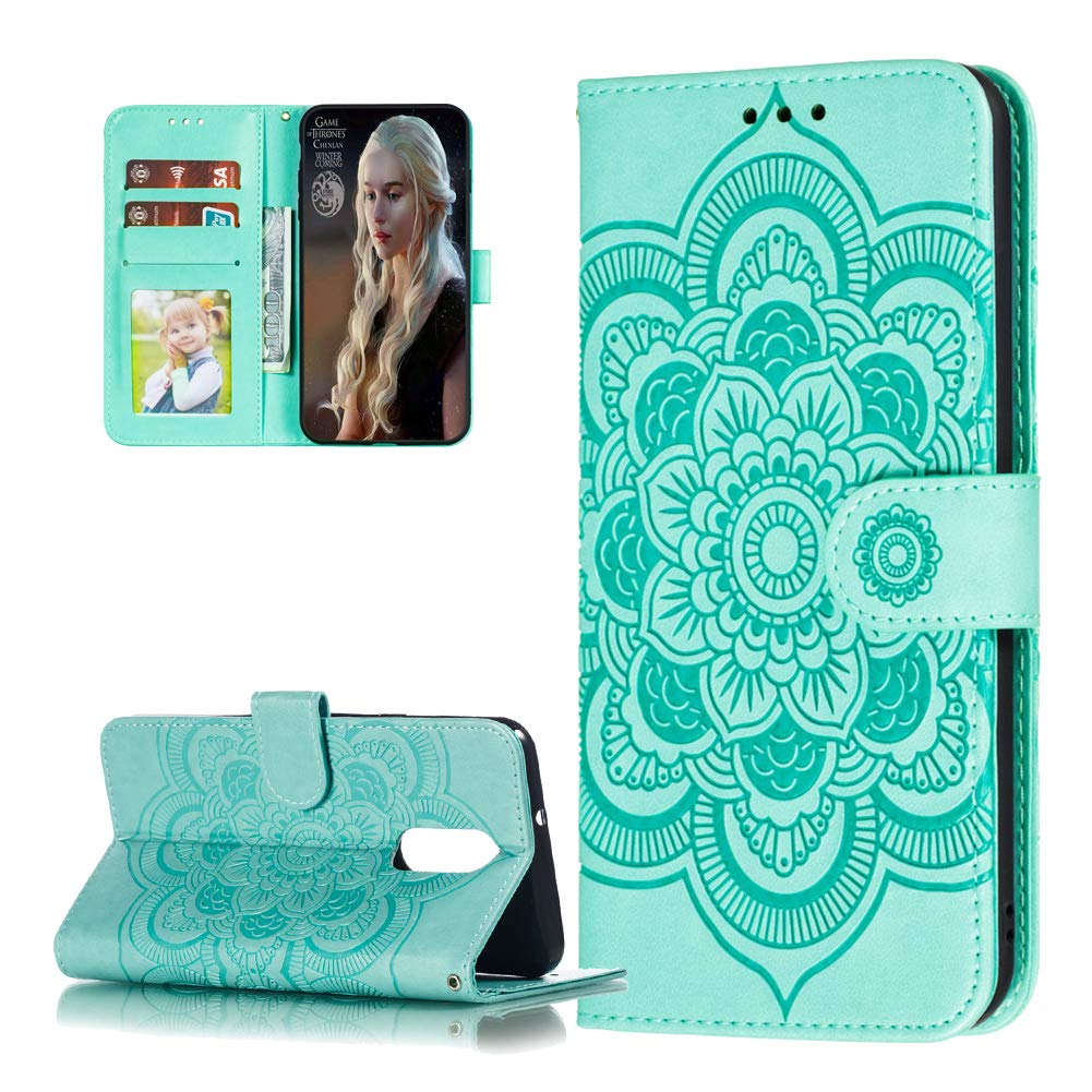 QIVSTAR Magnetic Wallet Case for LG Stylo 4/Q Stylus Plus - PU Leather Flip Cover with Card Slots & Kickstand, Scratchproof Protective Mandala Green Case | Perfect for Work, Travel & Everyday Use