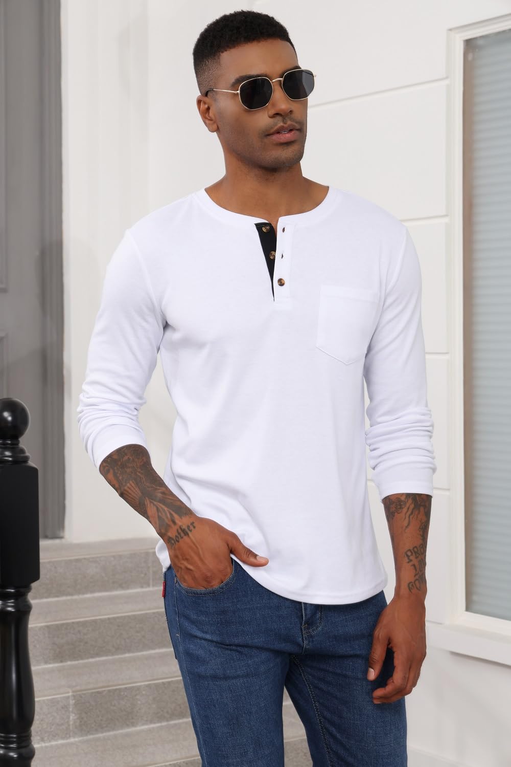 Naggoo Men's Casual T-Shirts & Henley Shirts - Soft Cotton Long Sleeve Basic Tees with Chest Pocket | Perfect for Everyday Wear, Work & Outdoor Activities