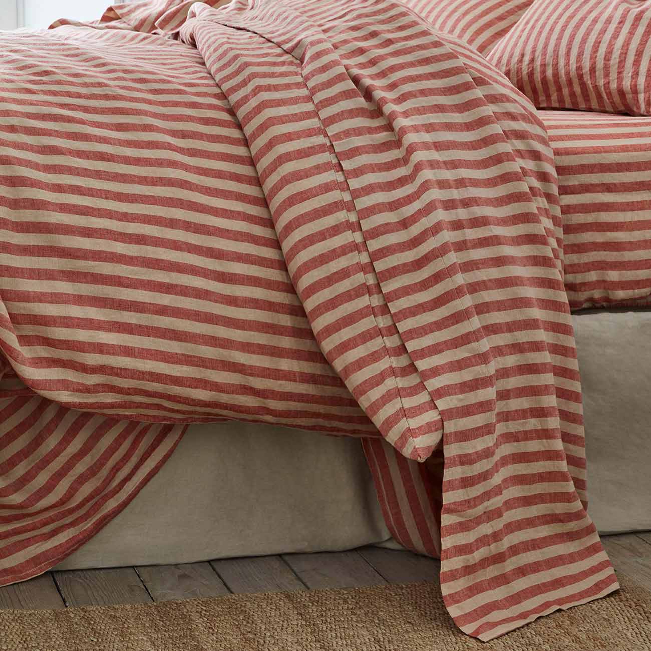 Premium Sandstone Red Pembroke Stripe Linen Blend Flat Sheet - Soft & Breathable Bedding for Cozy Home Decor & Guest Room Essentials