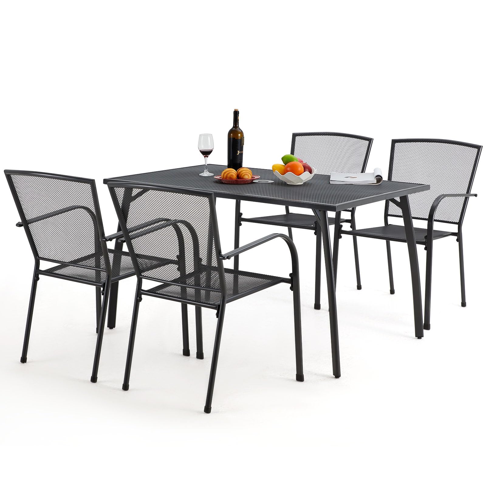 U-MAX 5-Piece Metal Outdoor Dining Set with Square Table & 4 Stackable Chairs - Patio Furniture for Garden, Deck, Backyard | Includes Umbrella Hole for Shade | Perfect for BBQs, Family Gatherings & Outdoor Entertaining