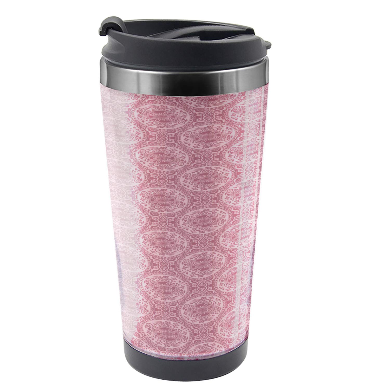 Ambesonne Damask Travel Mug - Monochrome Mystic Floral & Circular Pattern Steel Insulated Coffee Cup (16 oz) - Perfect for Office, Commuting & Outdoor Activities - Rose Gold Accent Thermal Tumbler for Hot/Cold Beverages