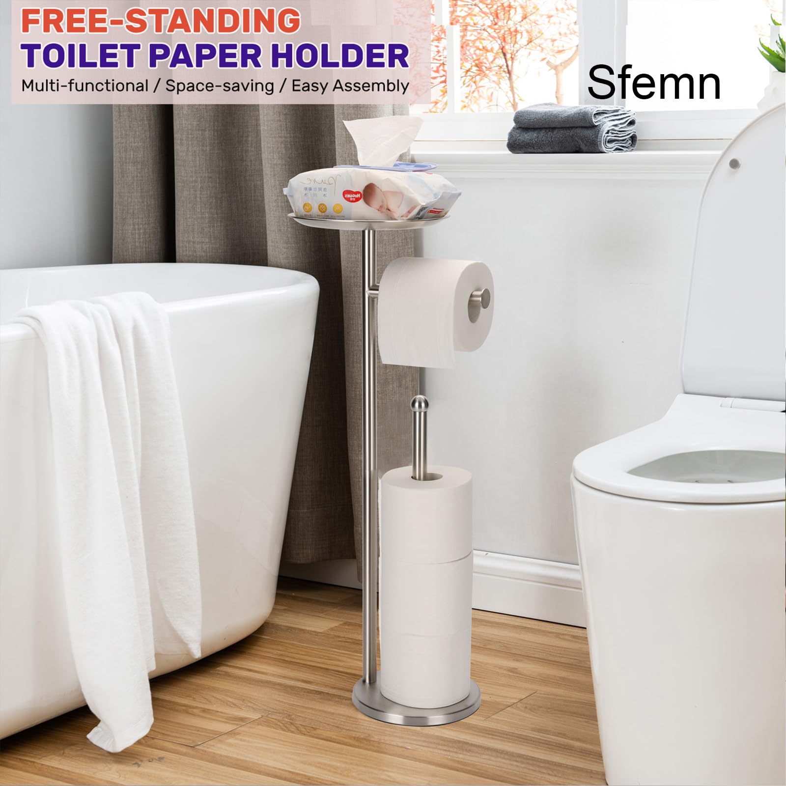 Freestanding Toilet Paper Holder Stand with Shelf & Storage - Brushed Nickel Bathroom Organizer for Home, Office, or RV Use