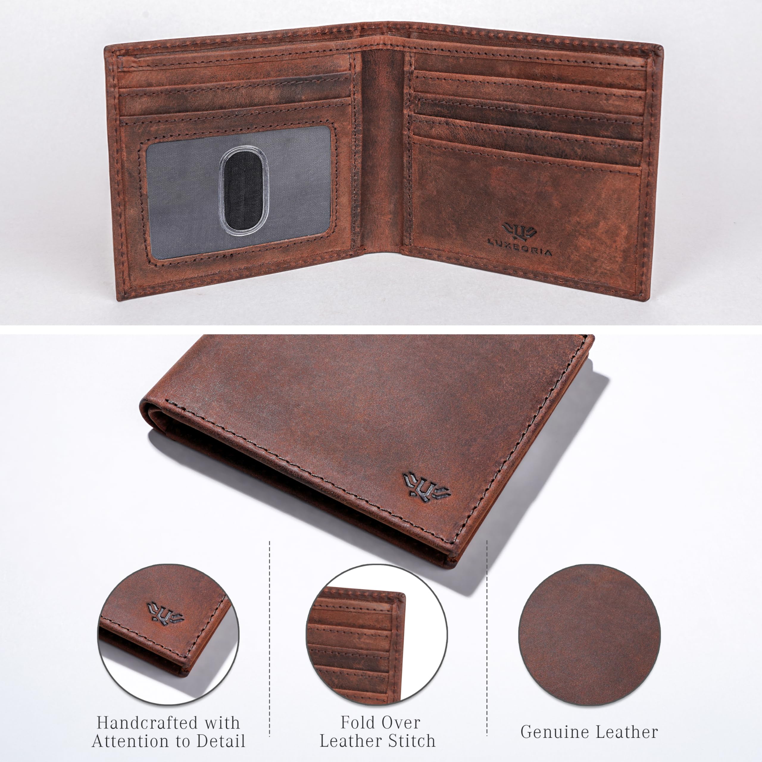 LUXEORIA Genuine Leather Wallet for Men - Handcrafted Slim Bifold RFID Blocking Travel Wallet | Anti-Theft Minimalist Design | Perfect for Everyday Use, Business Travel & Gifts (Brown)