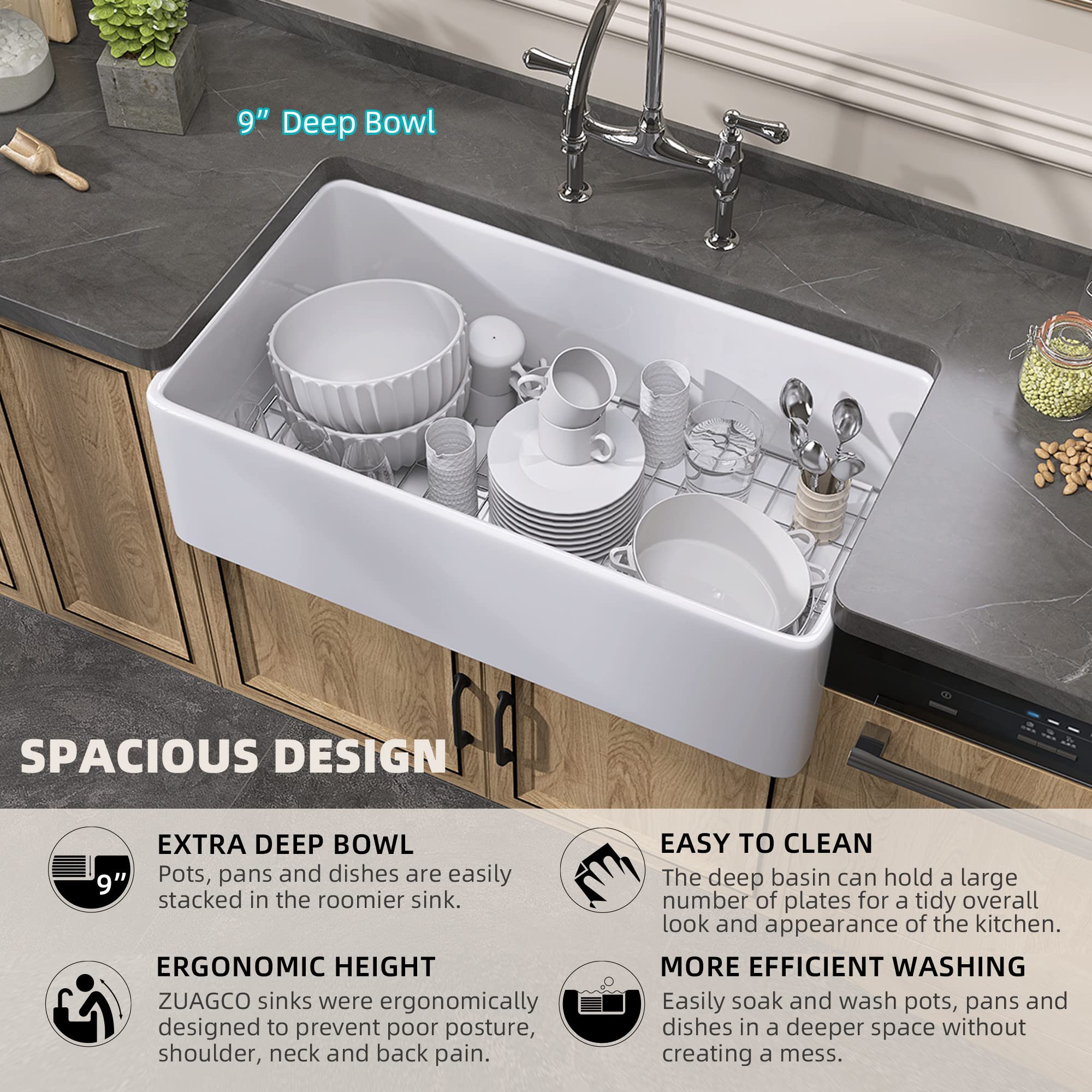 33 Inch White Farmhouse Apron Front Fireclay Kitchen Sink - Large Capacity Deep Single Bowl with Protective Bottom Grid & Strainer - Perfect for Rustic Kitchens, Farmhouse Renovations & Modern Farmhouse Style Homes