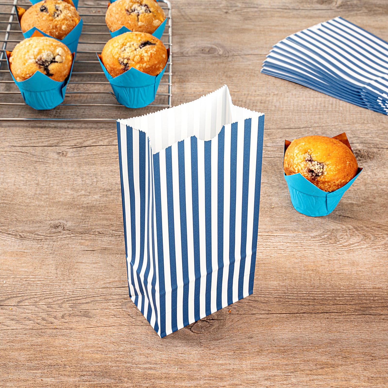 Premium Blue and White Striped Paper Bags - 2 lb Capacity, 4.25