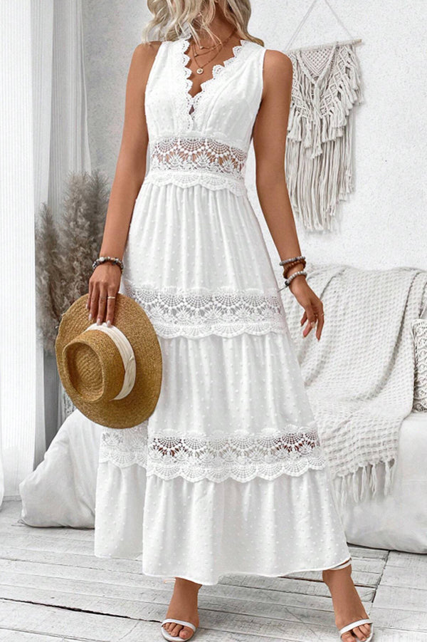 Elegant Solid Color Hollow Lace Splicing V-Neck Sleeveless Maxi Dress for Women - Perfect for Summer Beach, Wedding Guest, and Evening Party Occasions