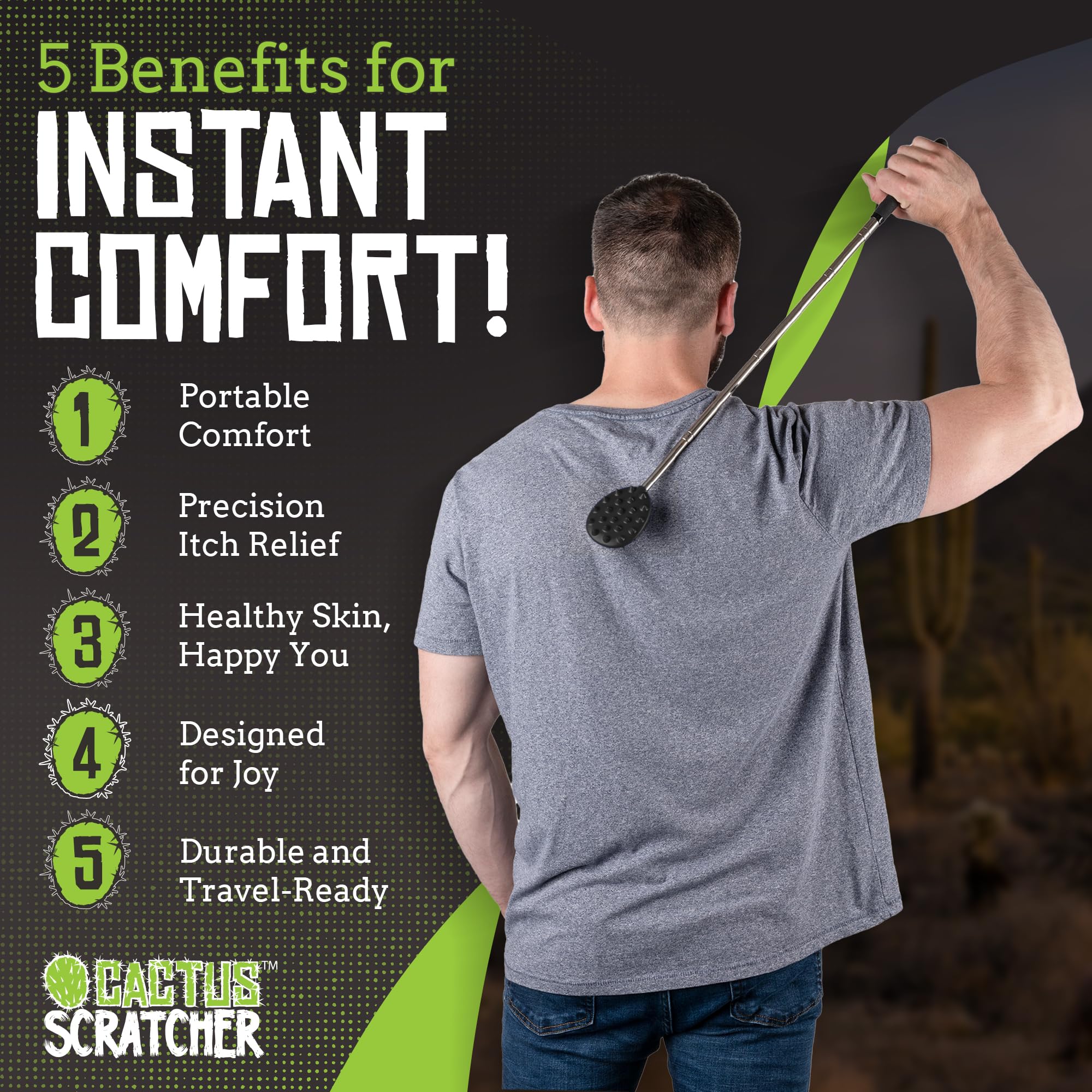 Extendable Cactus Back Scratcher - 24.5 Inch Dual-Sided Itch Relief Tool for Adults | Perfect Gift for Men & Women | Reaches Hard-to-Scratch Areas on Back, Head & Body | Great for Home, Office & Travel Use (Black)