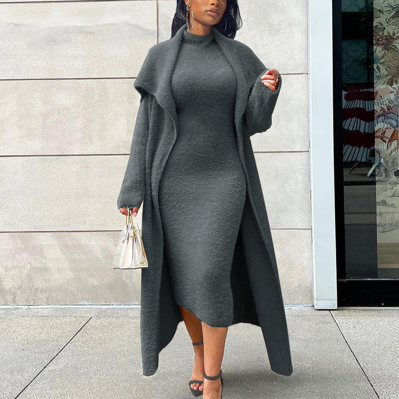 Reversible Fleece Dress Cardigan Set with Belt - Cozy Winter Outfit for Women | Perfect for Casual Wear, Office & Date Nights