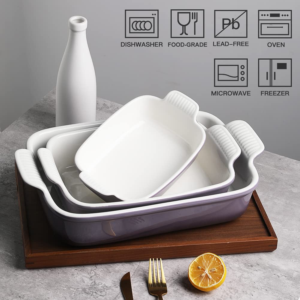 Sweejar 3-Piece Ceramic Bakeware Set - 9x13 Inch Rectangular Baking Dish with Handles, Deep Lasagna Pan, Oven Safe Casserole Dishes - Durable Kitchen Bakeware for Cooking, Baking & Serving - Perfect for Home Kitchens, Banquets & Wedding Gifts (Gradient Purple)