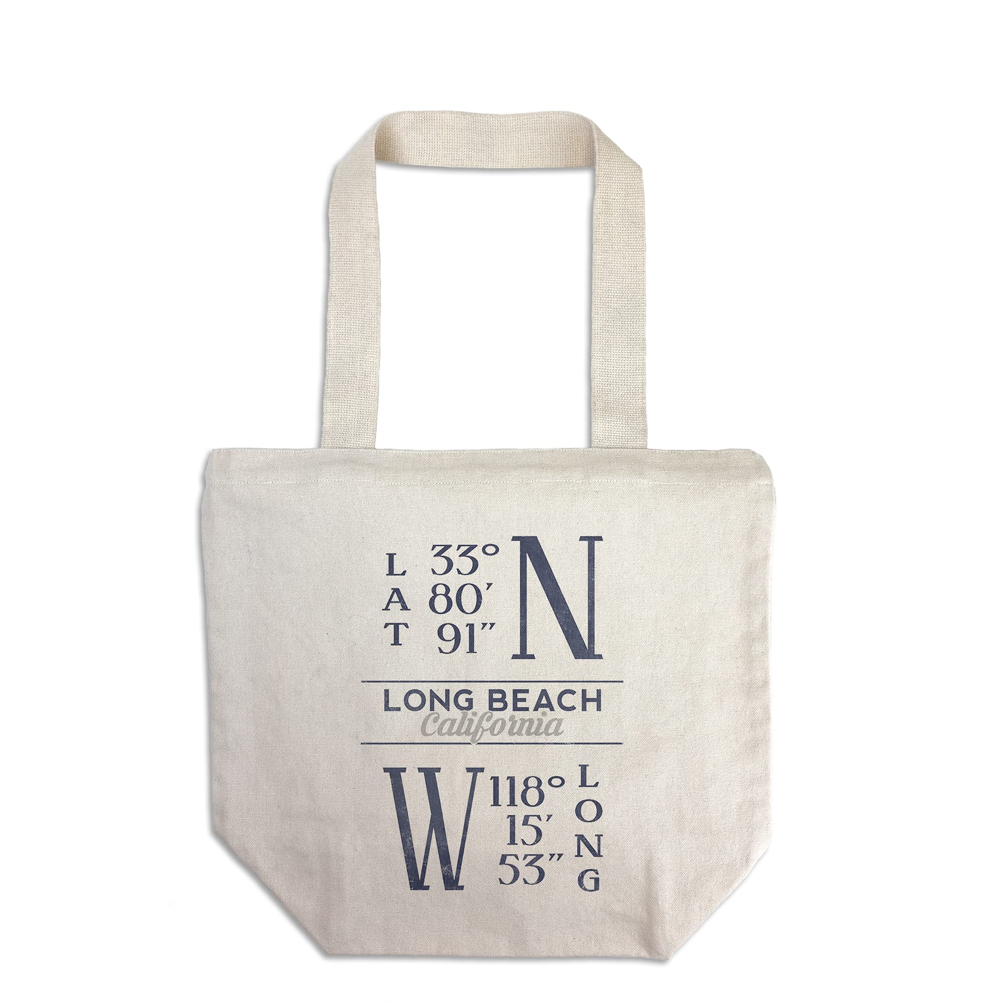 Lantern Press Long Beach California Latitude Longitude Blue 100% Cotton Canvas Reusable Tote Bag - Perfect for Grocery Shopping, Beach Trips & Eco-Friendly Lifestyle
