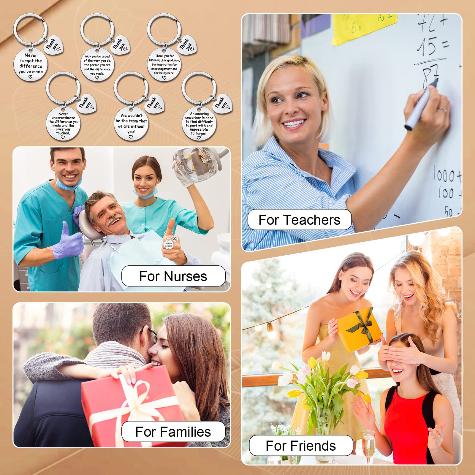 Sureio 6-Pack Thank You Keychain Set - Appreciation Gifts for Nurses, Teachers, Graduation with Inspirational Cards - Perfect for Nurse Week, Teacher Appreciation Day & Graduation Ceremonies