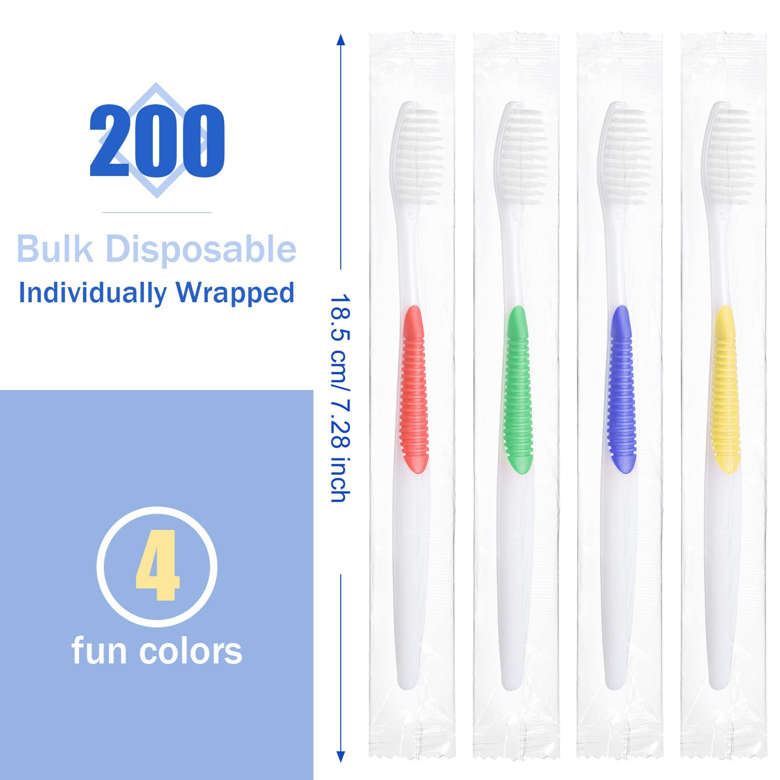 Honeydak 200 Count Disposable Toothbrushes - Individually Wrapped, Soft Bristle, Travel Size, Bulk Pack (Multicolor) for Hotels, Camping, Airplane & Emergency Kits | Eco-Friendly Oral Care Solution