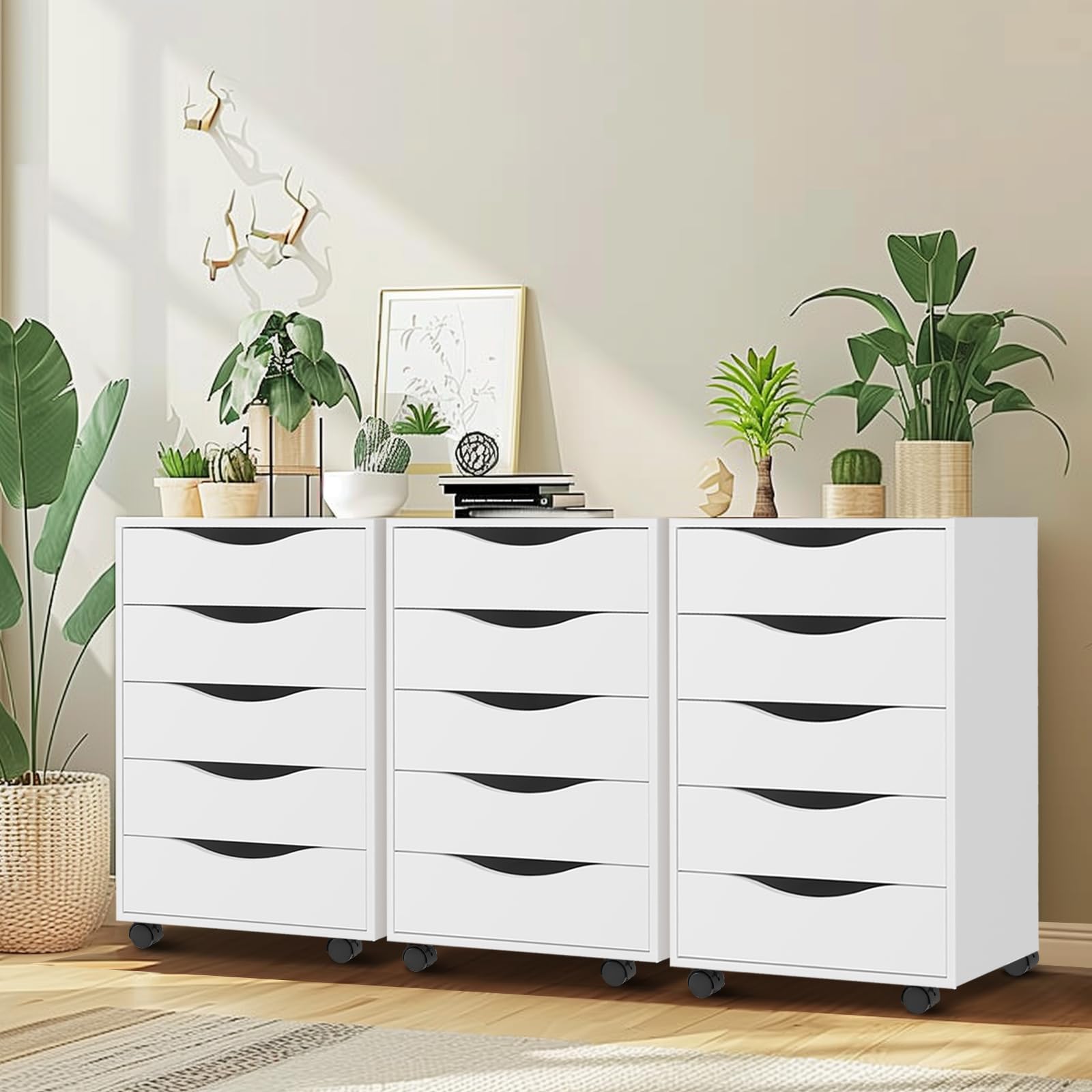 QDSSDECO 5-Drawer Wooden File Cabinet with Wheels - Rolling Storage Dresser for Home Office Organization, White - Perfect for Document Storage & Office Furniture Needs