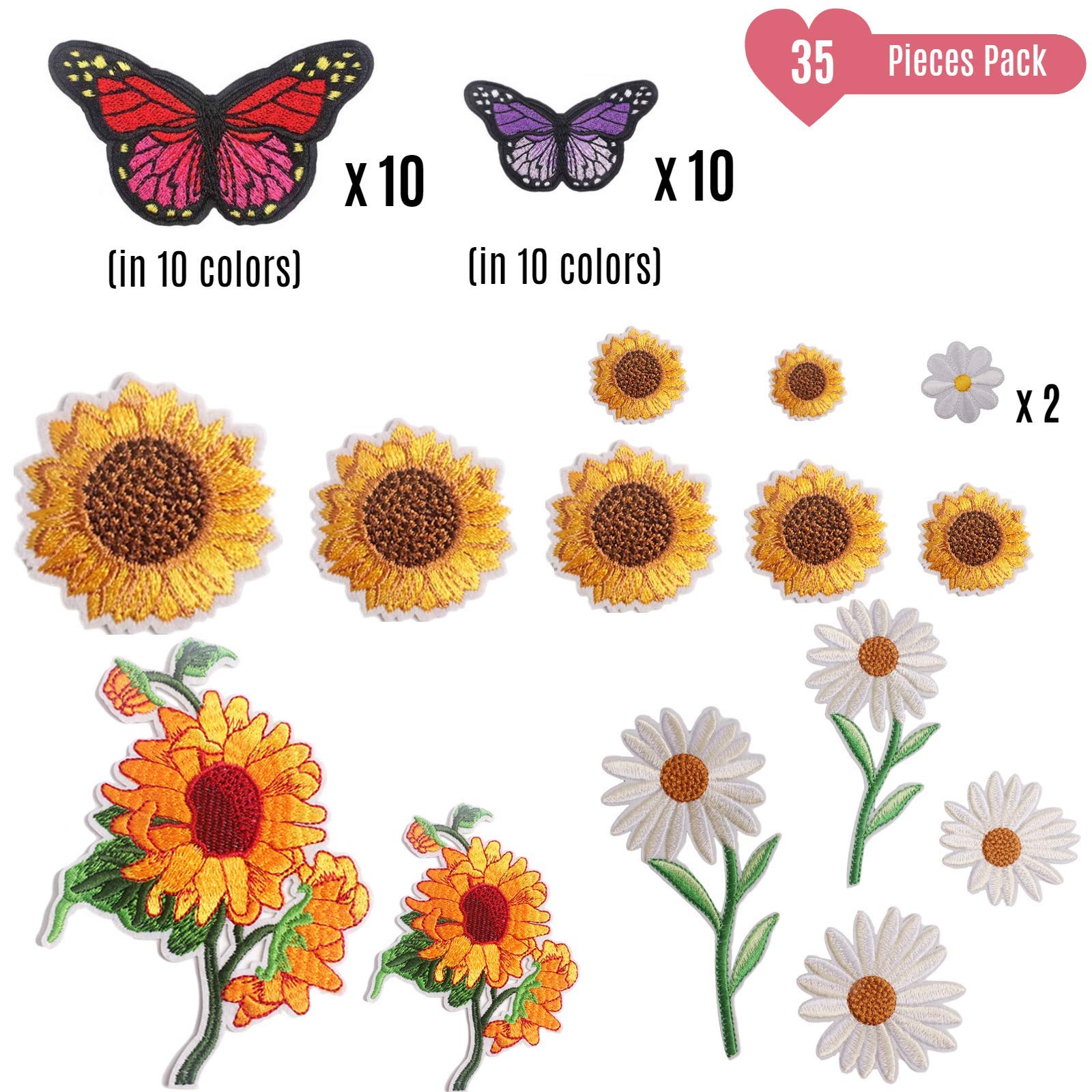 NNHOM 35-Piece Embroidered Iron-On Patch Set for Clothing - Sunflower & Butterfly Designs, Large Size Cute DIY Patches for Jeans, Bags, Jackets & Crafts | Perfect for DIY Fashion, Backpack Decor & Custom Clothing Projects