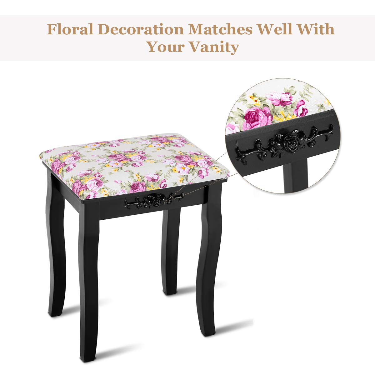 GOFLAME Vanity Stool with Rose Pattern - Solid Wood Legs, Padded Cushioned Makeup Chair - Large Capacity Storage Bench for Bedroom, Dressing Room & Vanity Area - Elegant Black Piano Stool for Women's Beauty Space