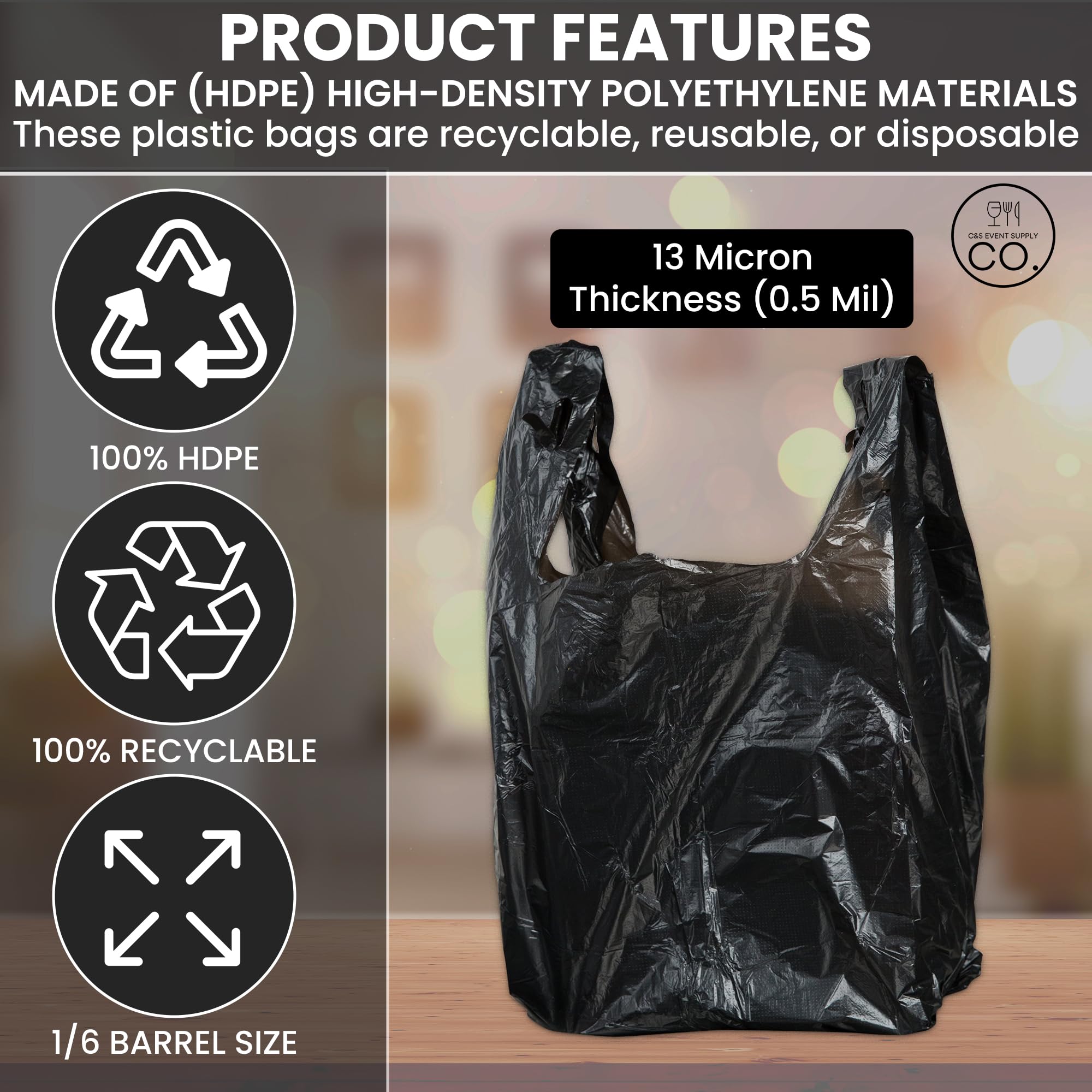 100 Pack Black Plastic Grocery Bags with Handles - Biodegradable Shopping Bags Bulk for Groceries, T-Shirts & Produce - Eco-Friendly Thank You Bags for Retail Stores, Farmers Markets & Home Use