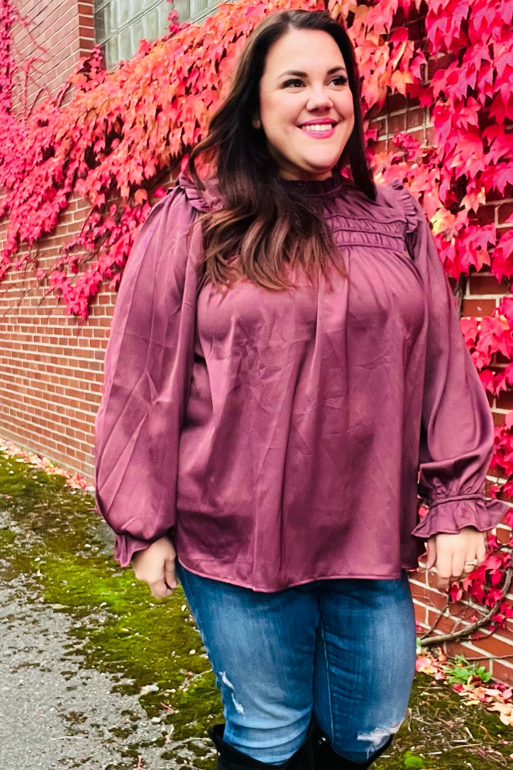 Stylish Wine Satin Shirred Yoke Frilled Mock Neck Top for Women | Elegant Blouse for Date Night, Parties & Special Occasions