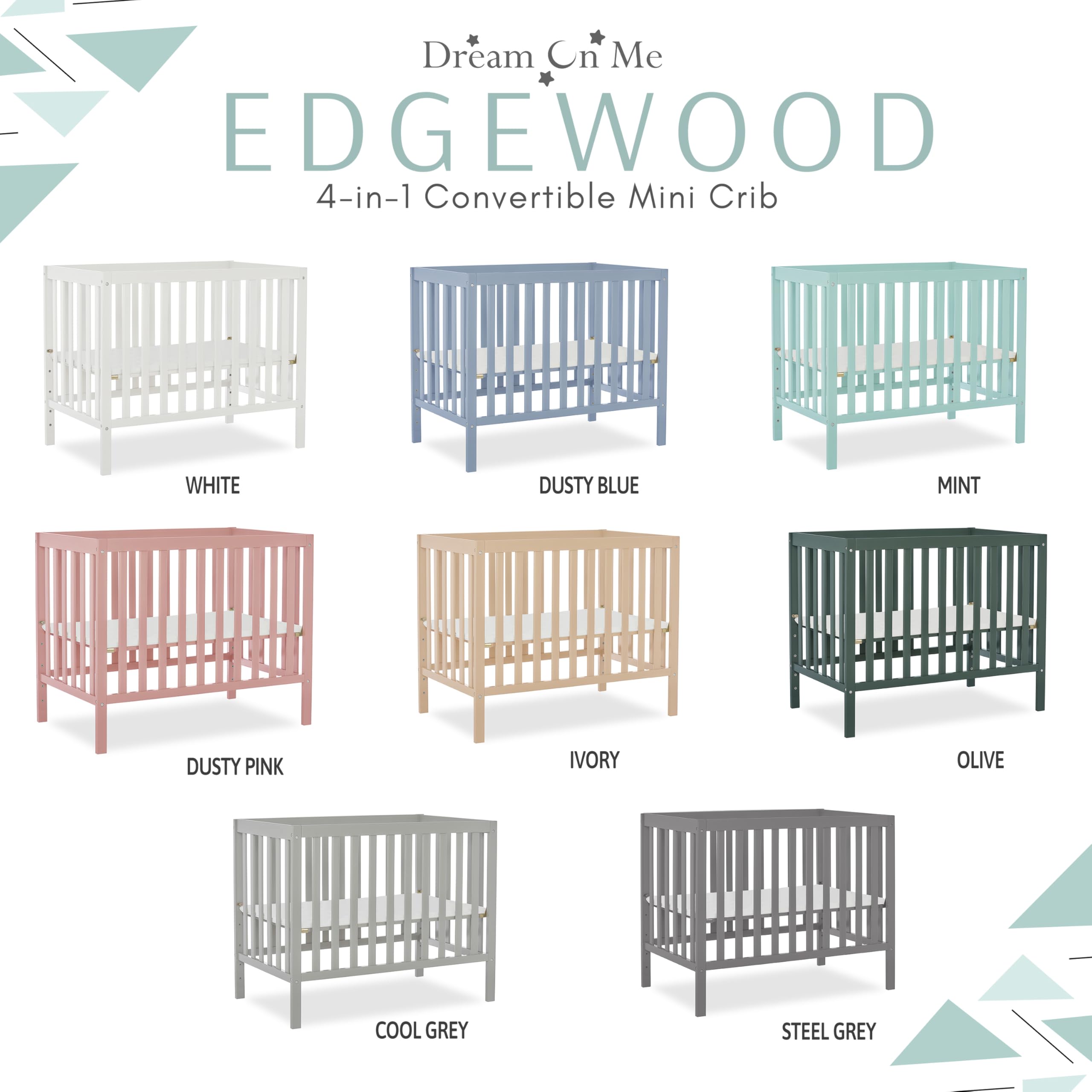 Dream On Me Edgewood 4-in-1 Convertible Mini Crib - White | JPMA Certified, Non-Toxic Finish, New Zealand Pinewood | 3 Adjustable Mattress Heights with 1