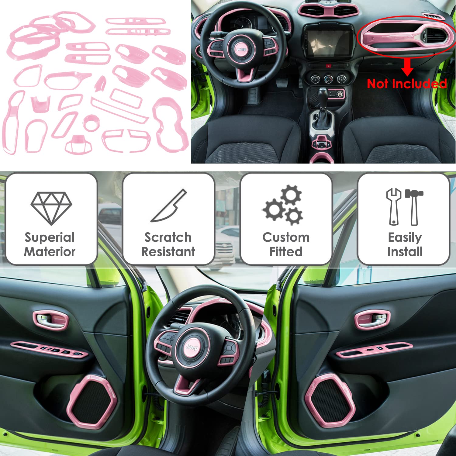 31-Piece Pink Car Interior Accessories Kit for Jeep Renegade 2015-2021 - AC Vent Covers, Door Speaker Grilles, Cup Holder Inserts, Headlight Switch & Window Button Covers | Premium Interior Upgrade for Style & Protection