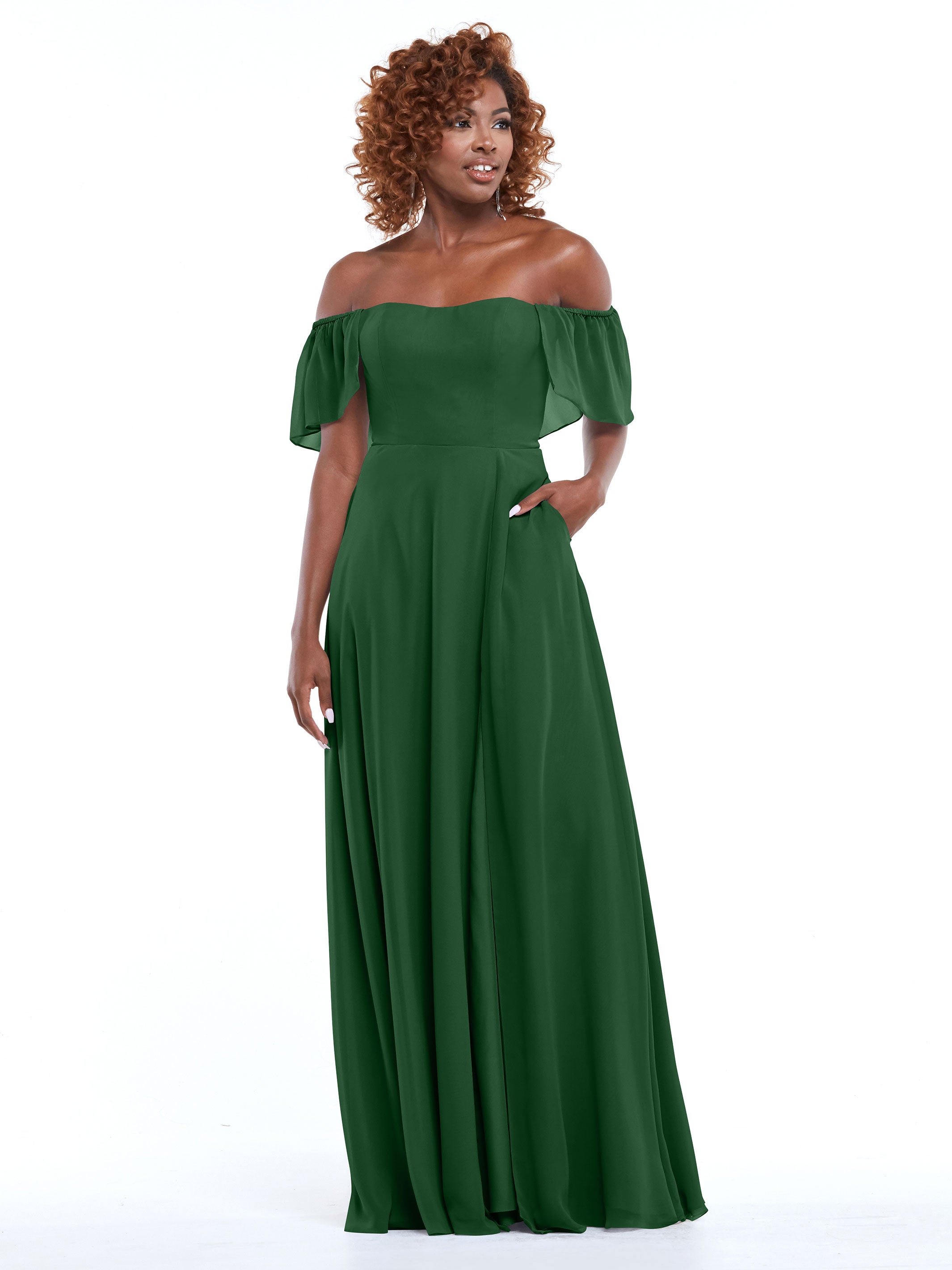 Elegant A-Line Off-The-Shoulder Chiffon Bridesmaid Dress with Pockets - 80168 | Perfect for Weddings, Formal Events & Special Occasions