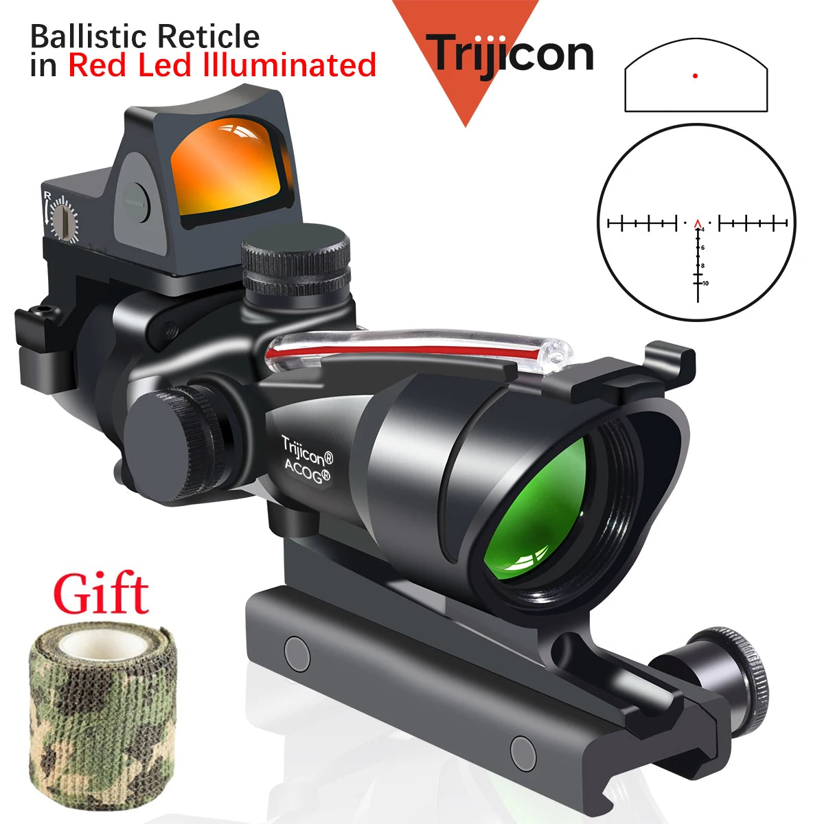 Trijicon 4x32 ACOG Scope with Red/Green Fiber Optic & Etched Reticle - Tactical Rifle Sight with RMR Red Dot for Airsoft & Hunting | Perfect for Close Quarters Combat & Long-Range Shooting