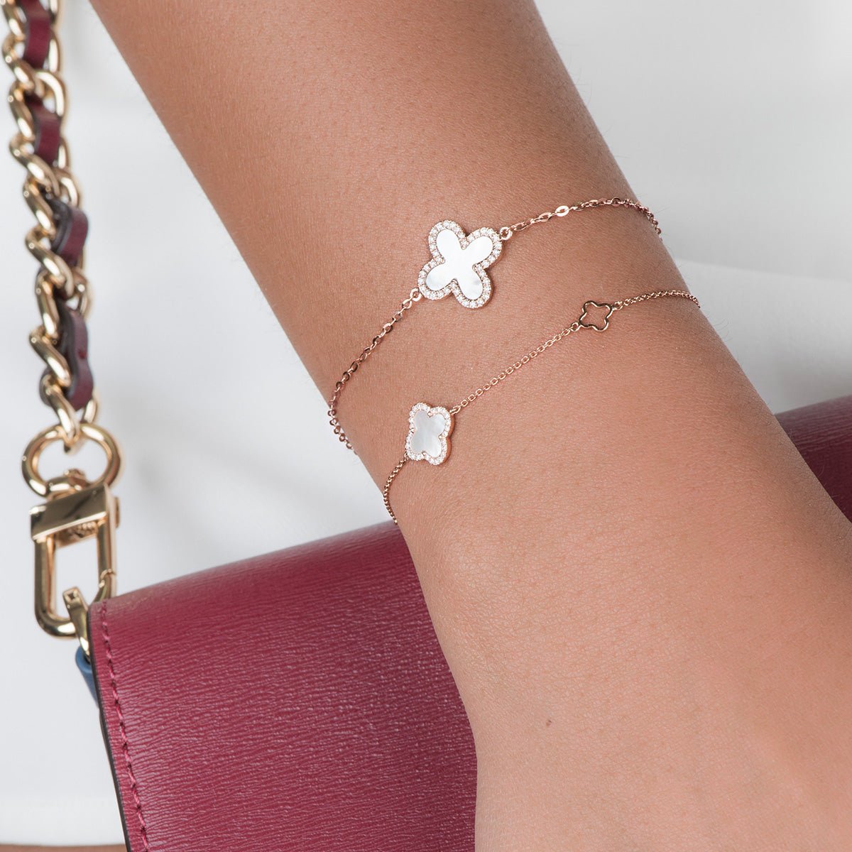 14k Rose Gold Mini Mother of Pearl & Diamond Halo Clover Bracelet - Elegant Dainty Station Jewelry for Women, Perfect for Everyday Wear, Gift Giving & Special Occasions