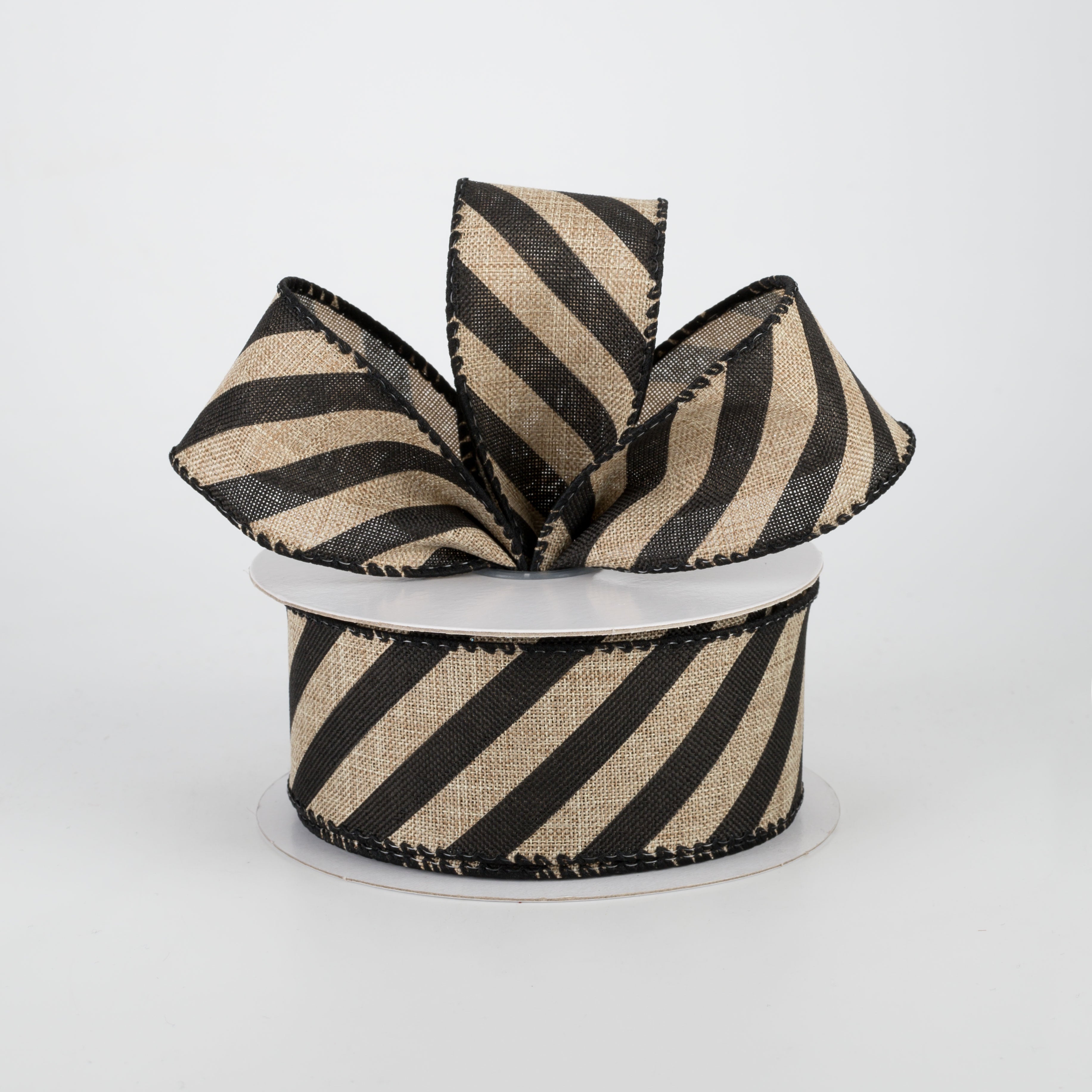 1.5 Inch Barber Pole Diagonal Stripe Ribbon - Black & Beige (10 Yards) for Gift Wrapping, Crafts, Hair Bows, and Party Decorations