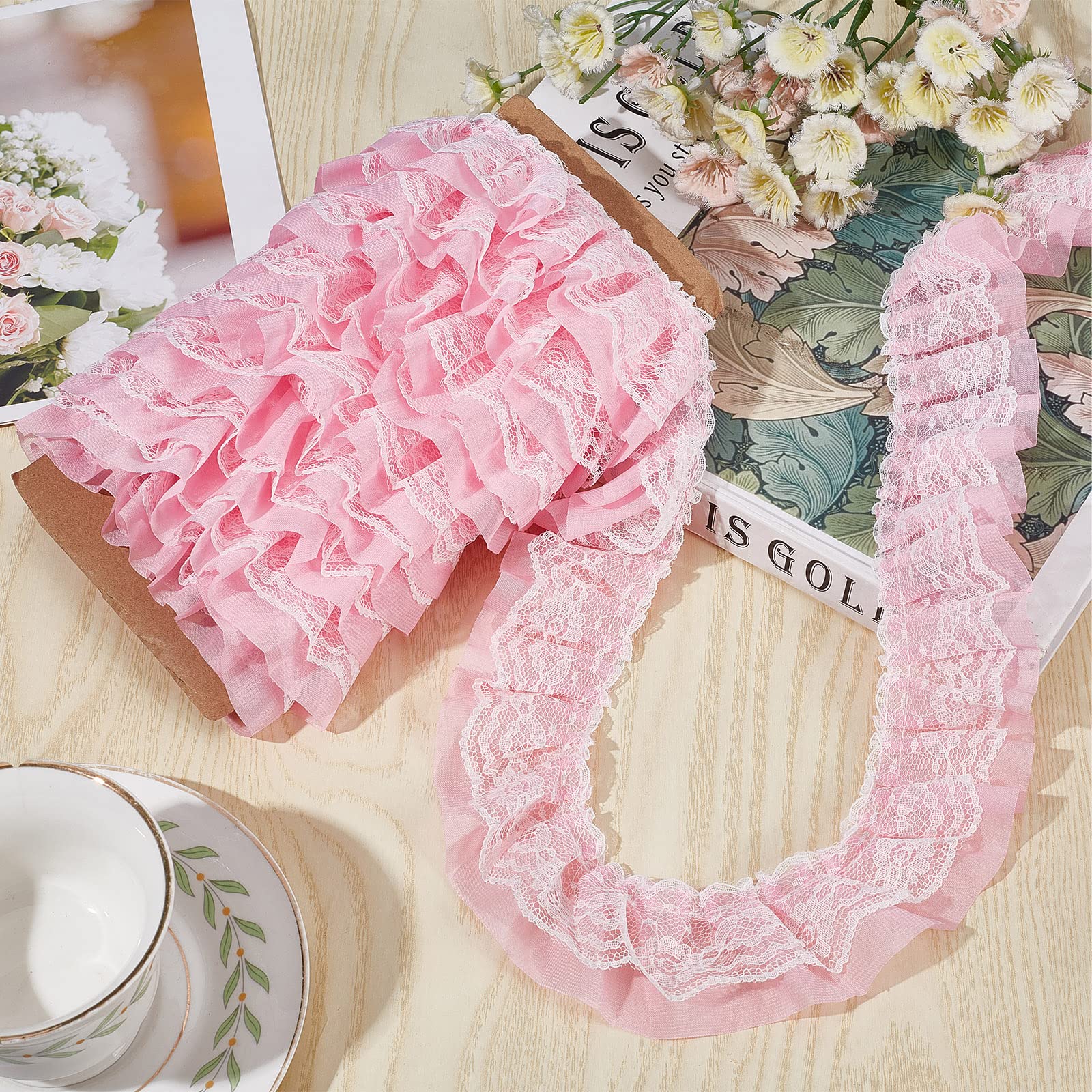 GORGECRAFT 11 Yards Pink Double-Layer Pleated Chiffon Lace Trim - 5cm Wide Ruffled Fabric Ribbon for DIY Sewing, Pillowcase Embellishments, Wedding Decor & Craft Projects - Perfect for Home Decor, Costume Design and Gift Wrapping