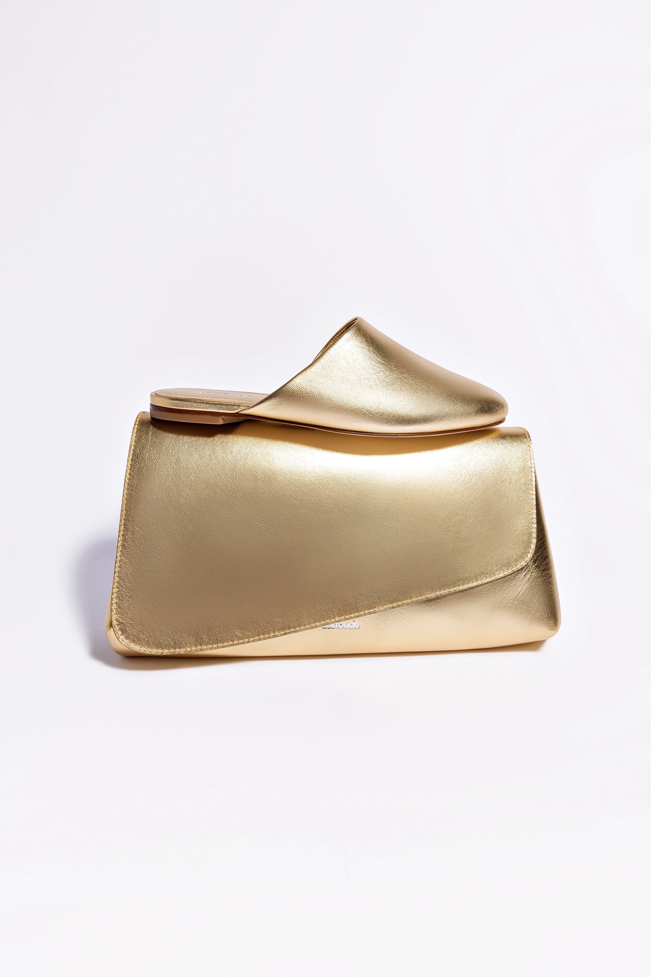 Venice Flat Mule Slides & Pouch Set - Gold Metallic Leather Women's Shoes | Comfortable House Slippers, Casual Outfit Pairing, Gift for Her