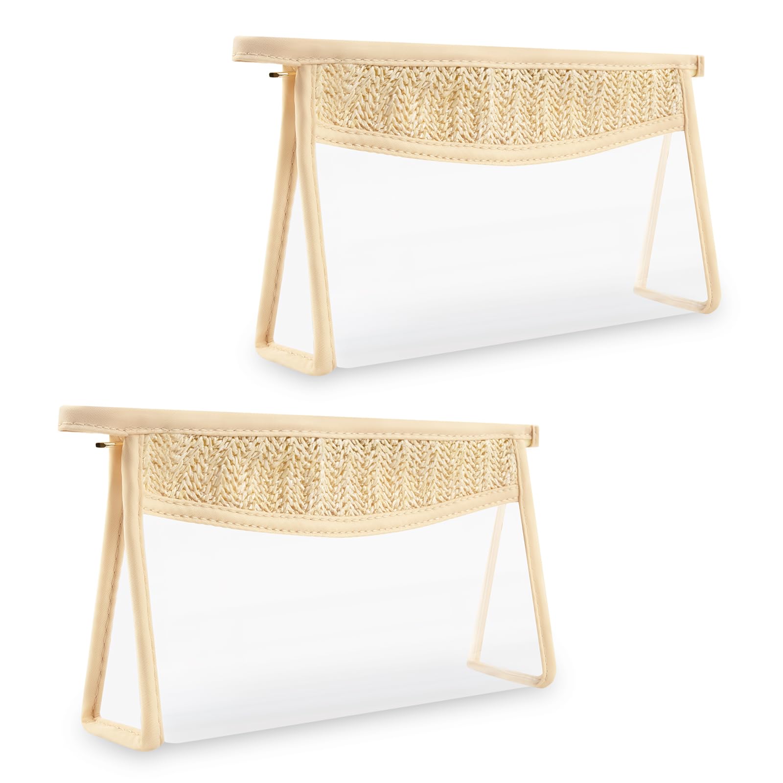2 PCS Small Boho Straw Clear Makeup Bags for Women & Girls | Zipper Cosmetic Bag with Chenille Varsity Letter Patch | Preppy Cute Toiletry Pouch | Trendy Organizer Storage Bag for Beach, Travel, Gym & Daily Essentials