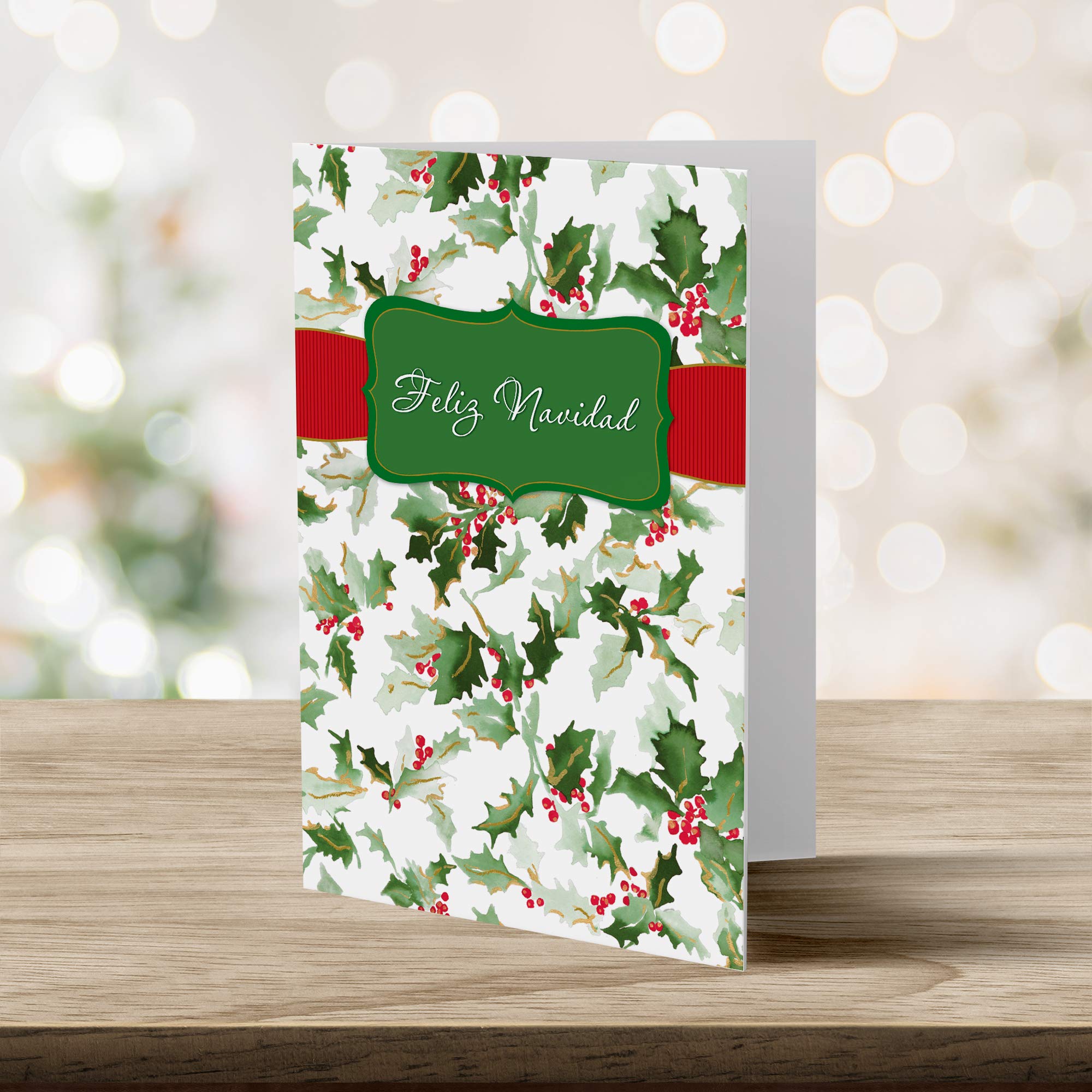 Designer Greetings Spanish Christmas Cards Box Set - 18 Gold Foil Embossed Navidad Greeting Cards with Envelopes | Hojas Navideñas & Holly Design | Perfect for Holiday Gifts, Office Greetings & Family Celebrations