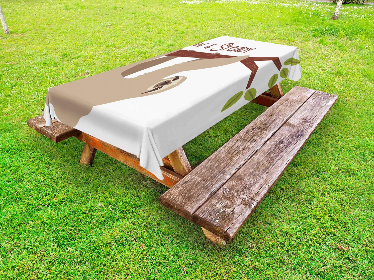 Ambesonne Sloth Outdoor Tablecloth - Cartoon Style Australian Wildlife Mammal on Tree Branch, Slow & Steady Phrase - Washable Picnic Table Cover 58x84 Inches, Tan Chestnut Brown - Perfect for Backyard BBQs, Picnics, and Outdoor Dining
