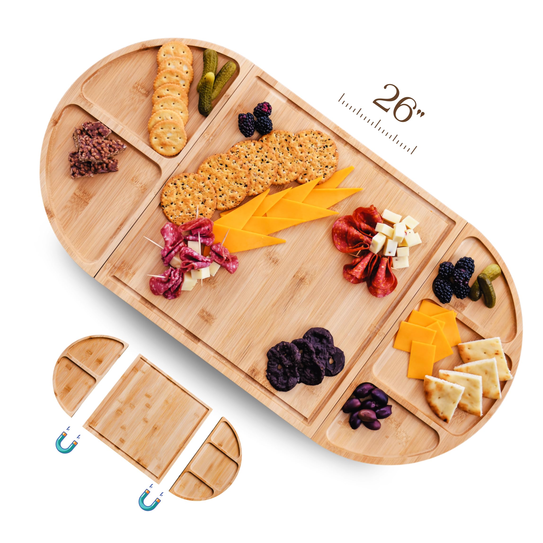 Modern 3-Piece Magnetic Charcuterie Board Set - Bamboo Cheese Board & Serving Tray for Charcuterie, Cheese, Fruits | Perfect Gift for Housewarming, Weddings, St. Patrick's Day | Elegant Serving Ware for Parties, Entertaining & Home Decor