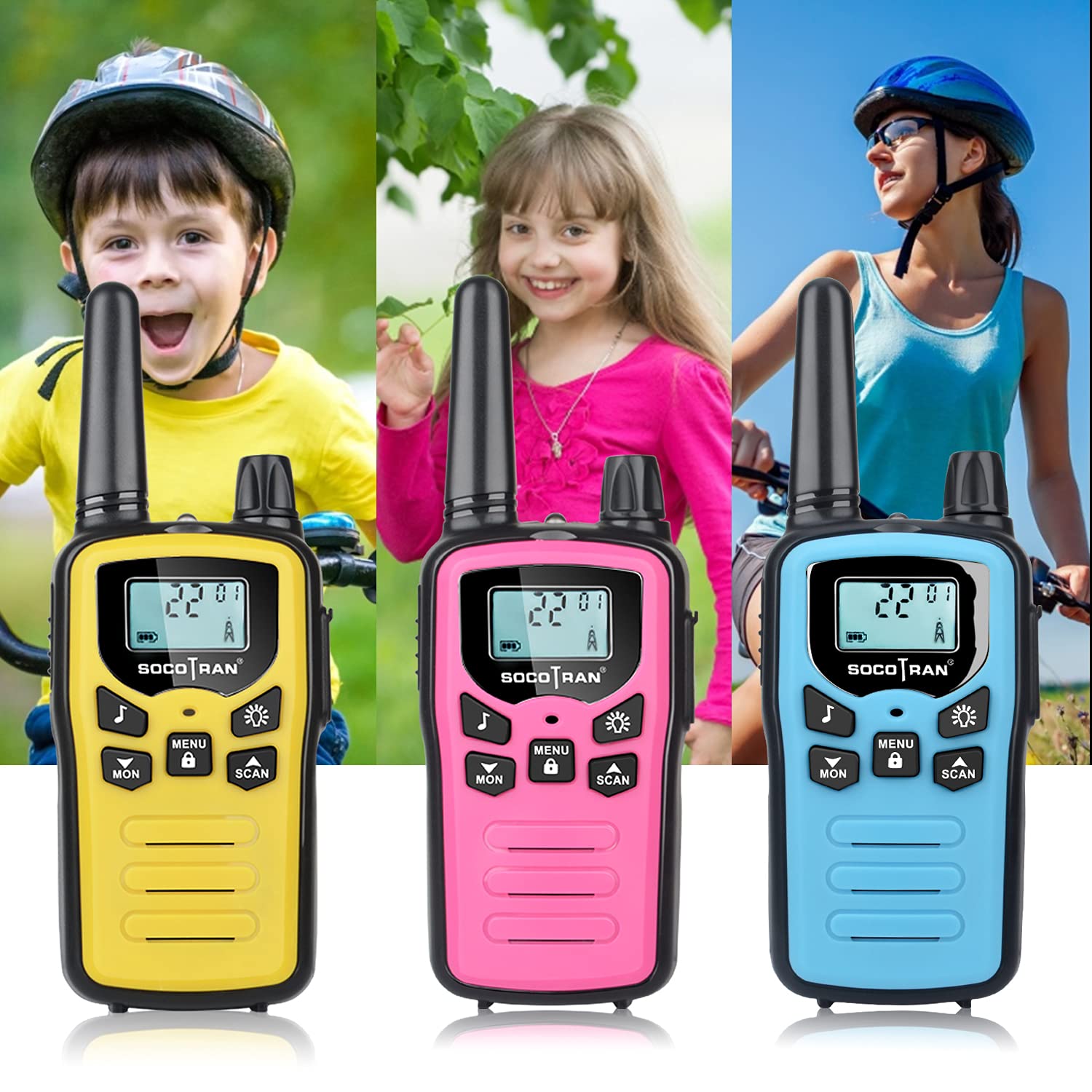 Rechargeable Walkie Talkies for Adults - 3 Pack Long Range Two-Way Radios (5 Miles) with USB Charging Cable - Blue, Yellow, Pink - Perfect for Camping, Hiking, Outdoor Adventures & Emergency Communication