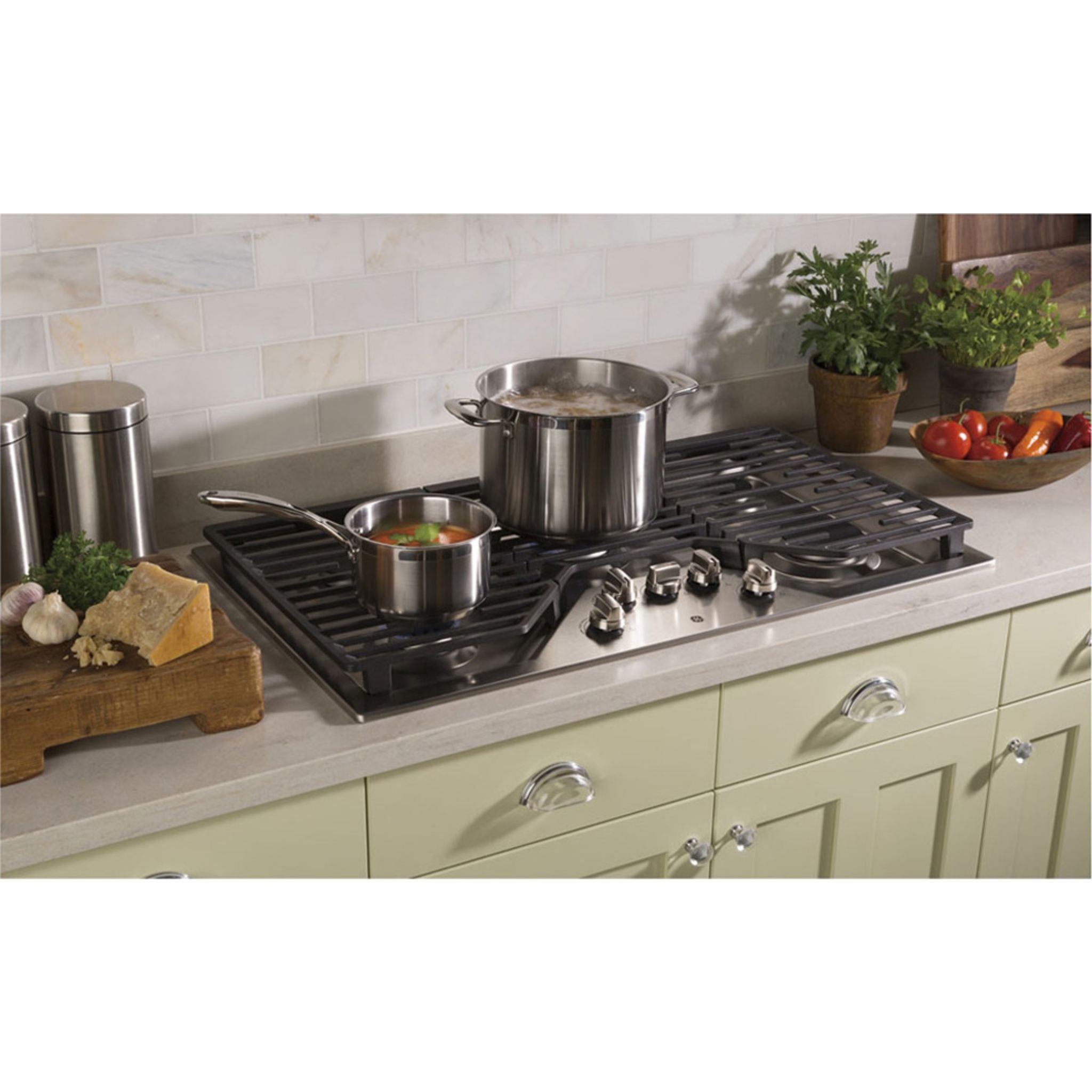 GE JGP5036SLSS 36-Inch Built-In Gas Cooktop - Stainless Steel Edge-to-Edge Design with Deep Recessed Burners - Perfect for Modern Kitchens & Professional Cooking