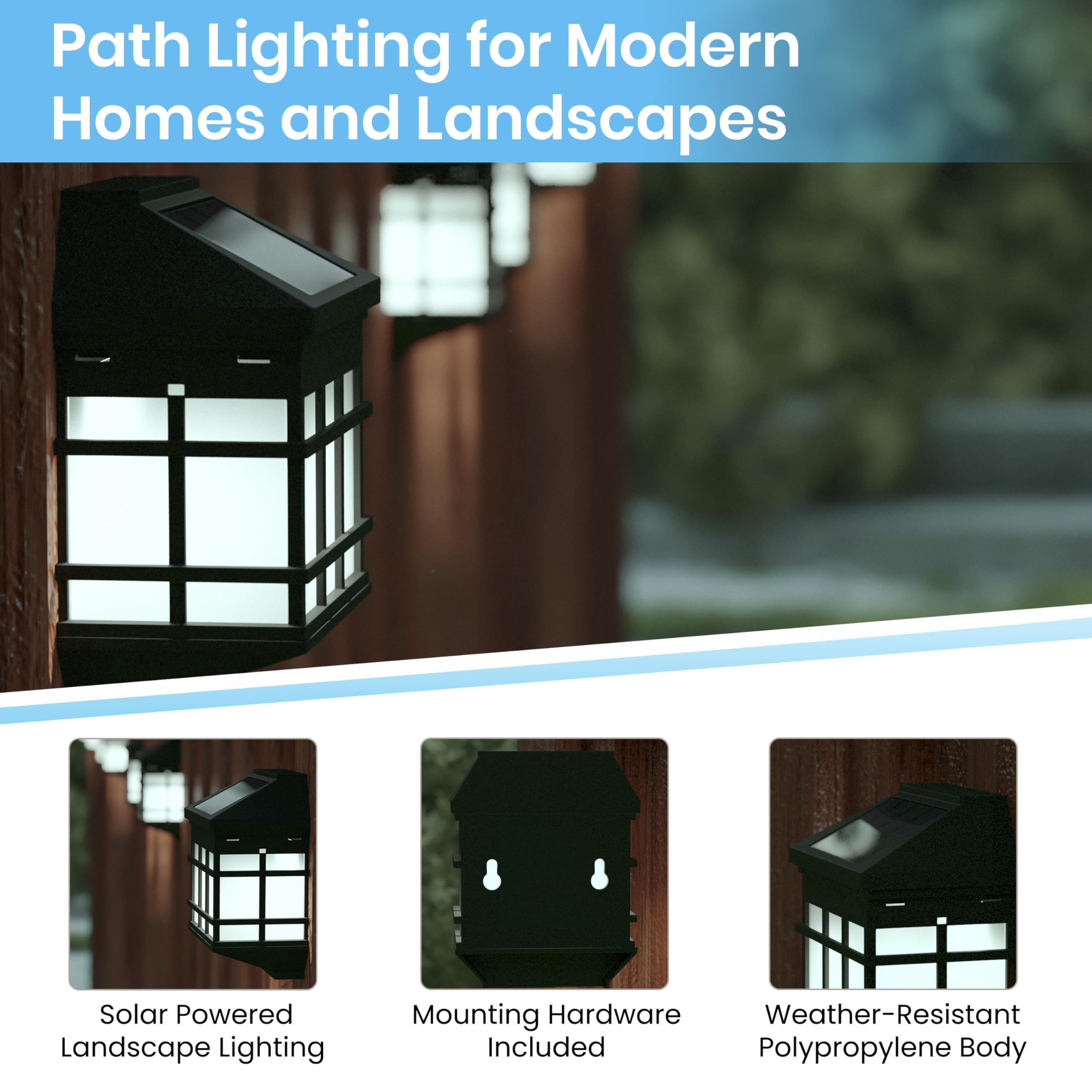 Merrick Lane Black Solar Wall Lights - 6 Pack Bright White LED Outdoor Solar Powered Lights for Fence, Deck, Garden, Pathway & Patio Lighting - Waterproof & Energy Efficient Landscape Lighting