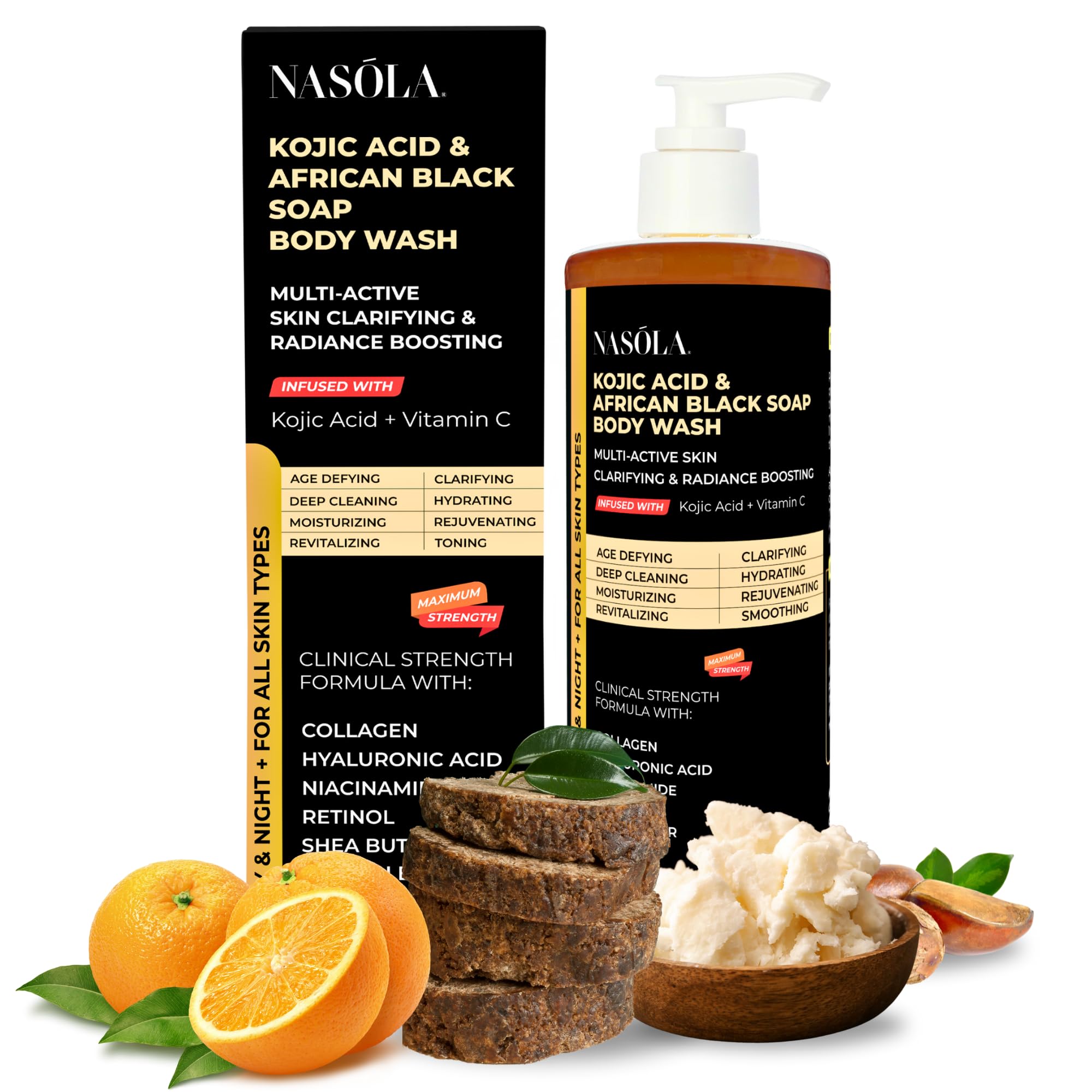 Authentic Kojic Acid African Black Soap Body Wash with Vitamin C, Shea Butter, Collagen, Niacinamide, Hyaluronic Acid & Vitamin E - 11.83 Fl Oz for Brightening, Acne Treatment & Skin Hydration - Perfect for Daily Skincare Routine & Dark Spot Removal