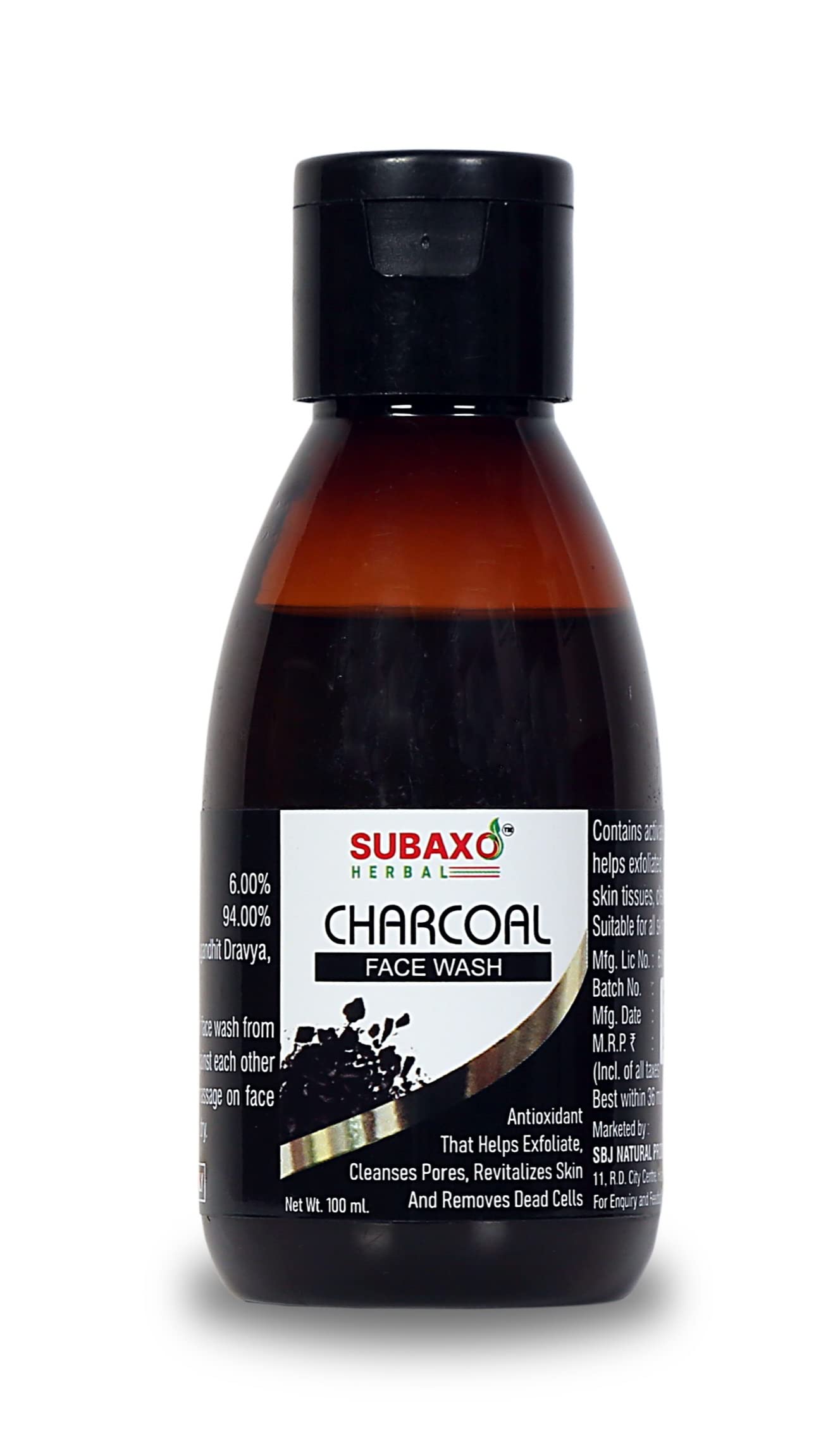 SUBAXO Charcoal Herbal Face Wash for Acne & Blackheads - Deep Cleansing Pore Minimizer with Natural Ingredients, 100ml - Perfect for Daily Skincare & Oily Skin Treatment