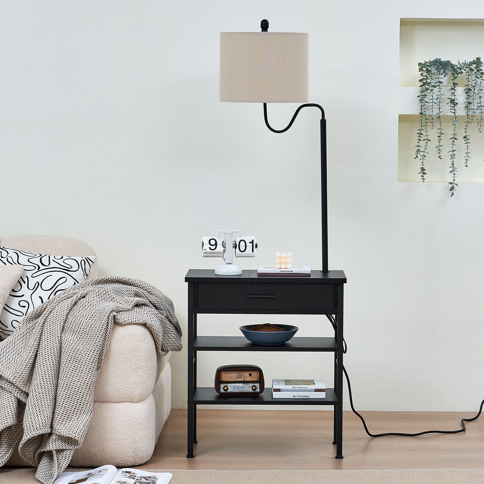 Topotdor Rustic Wooden Floor Lamp with Side Table - USB Port & Outlets, Adjustable Shelves for Bedroom, Living Room & Home Office - Black - Perfect for Reading, Working & Nightstand Lighting