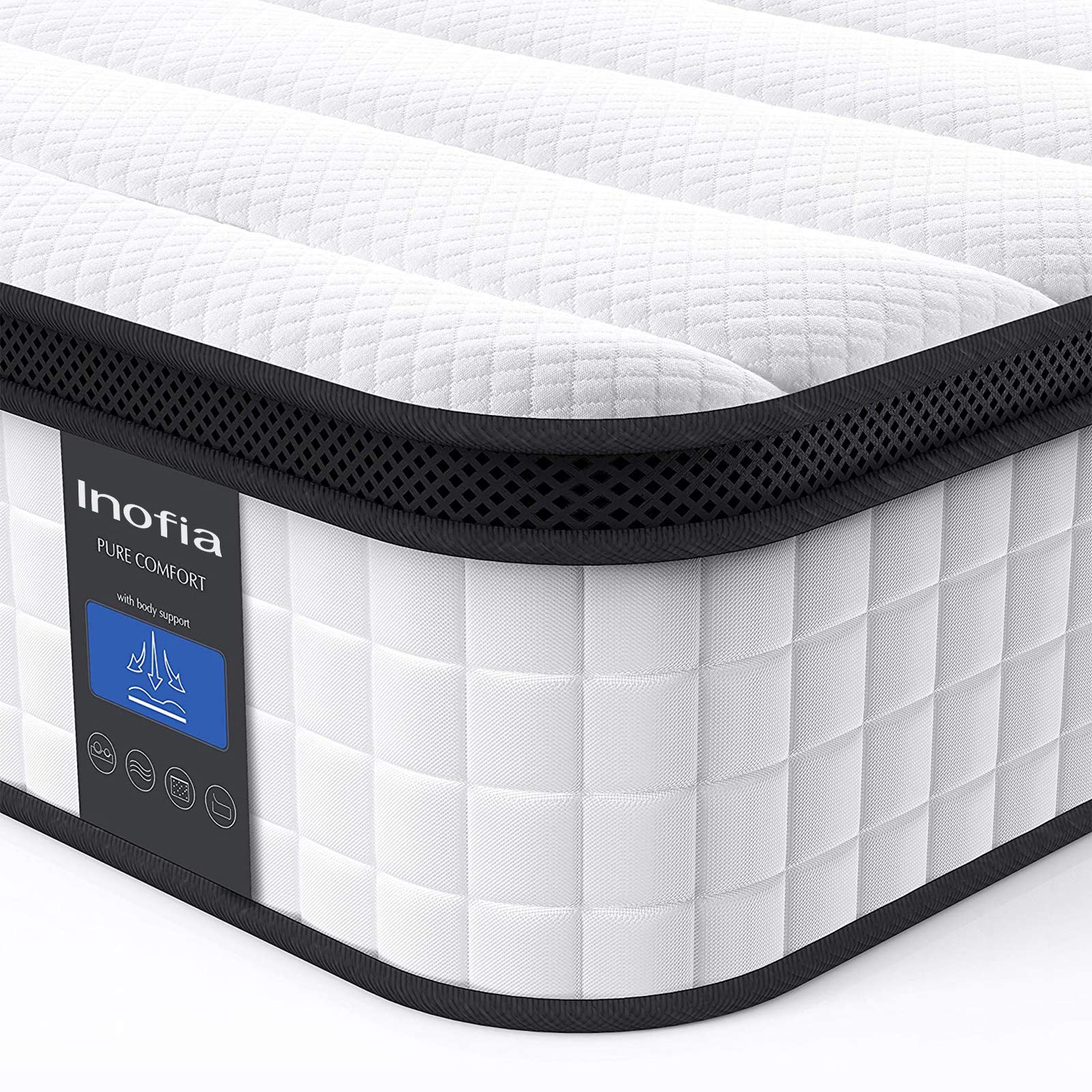 Inofia 10 Inch Twin Hybrid Mattress in a Box - Cool & Supportive Innerspring Bed with Breathable Knitted Fabric Cover for Pressure Relief - Perfect for Guest Rooms, Dorms, and Small Spaces