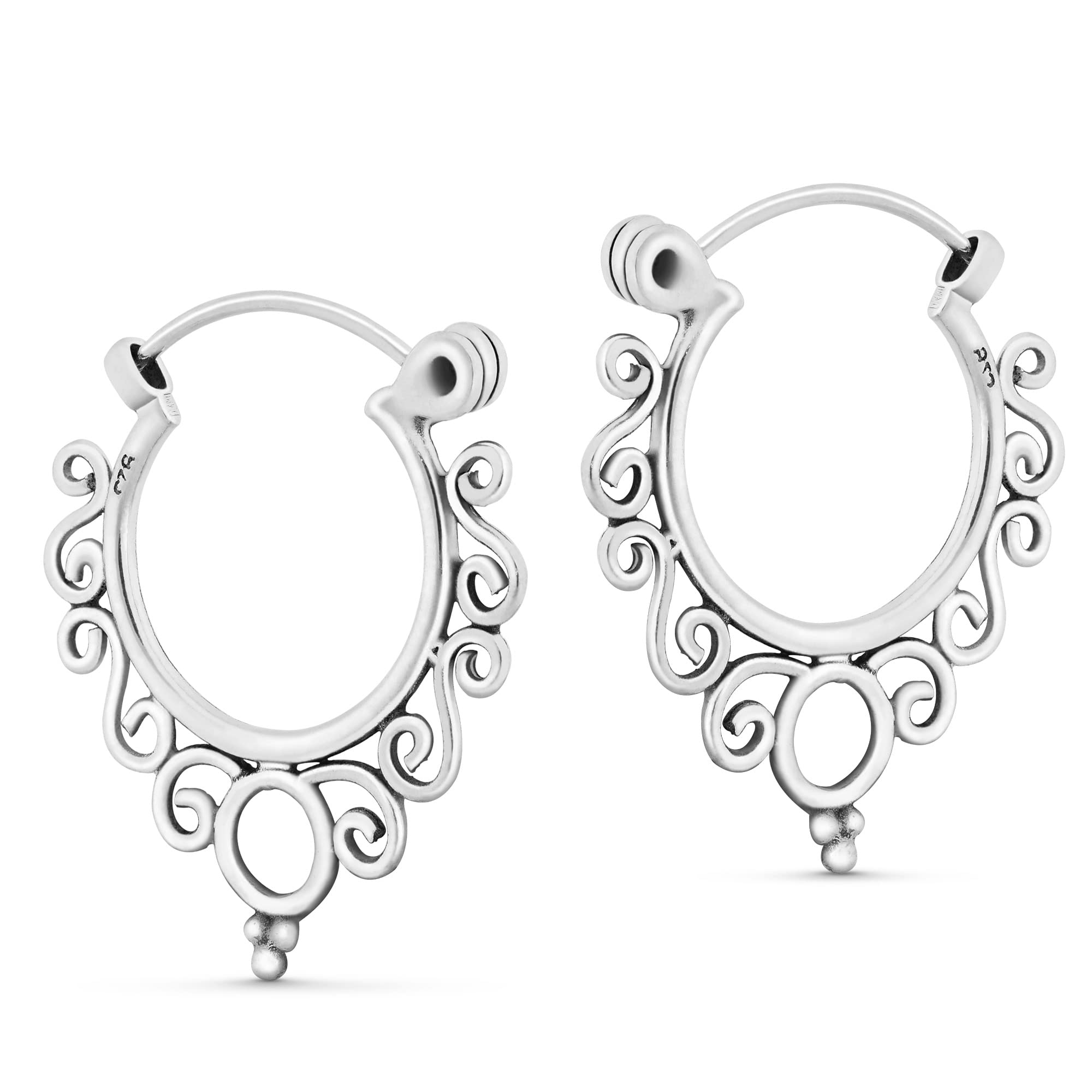 Chic Retro Tribal Mandala Filigree .925 Sterling Silver Bali-Style Hoop Earrings for Women | Handcrafted Silver Jewelry | Perfect for Boho Fashion, Festivals & Everyday Wear