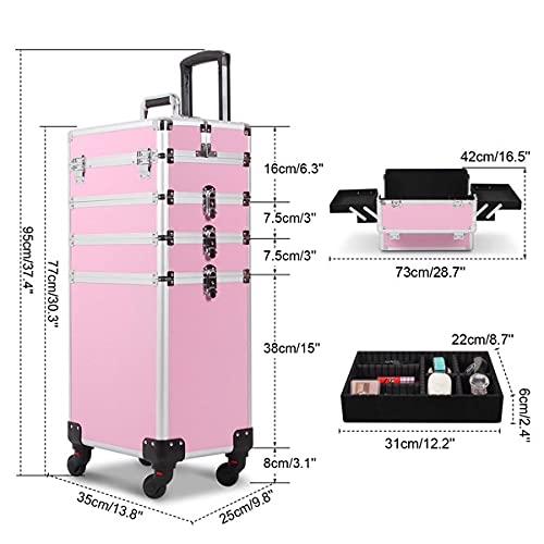 4 in 1 Rolling Portable Makeup Storage Box - Large Cosmetic Organizer Train Case with Wheels for Women & Girls | Travel, Salon, Home & Professional Makeup Artist Use
