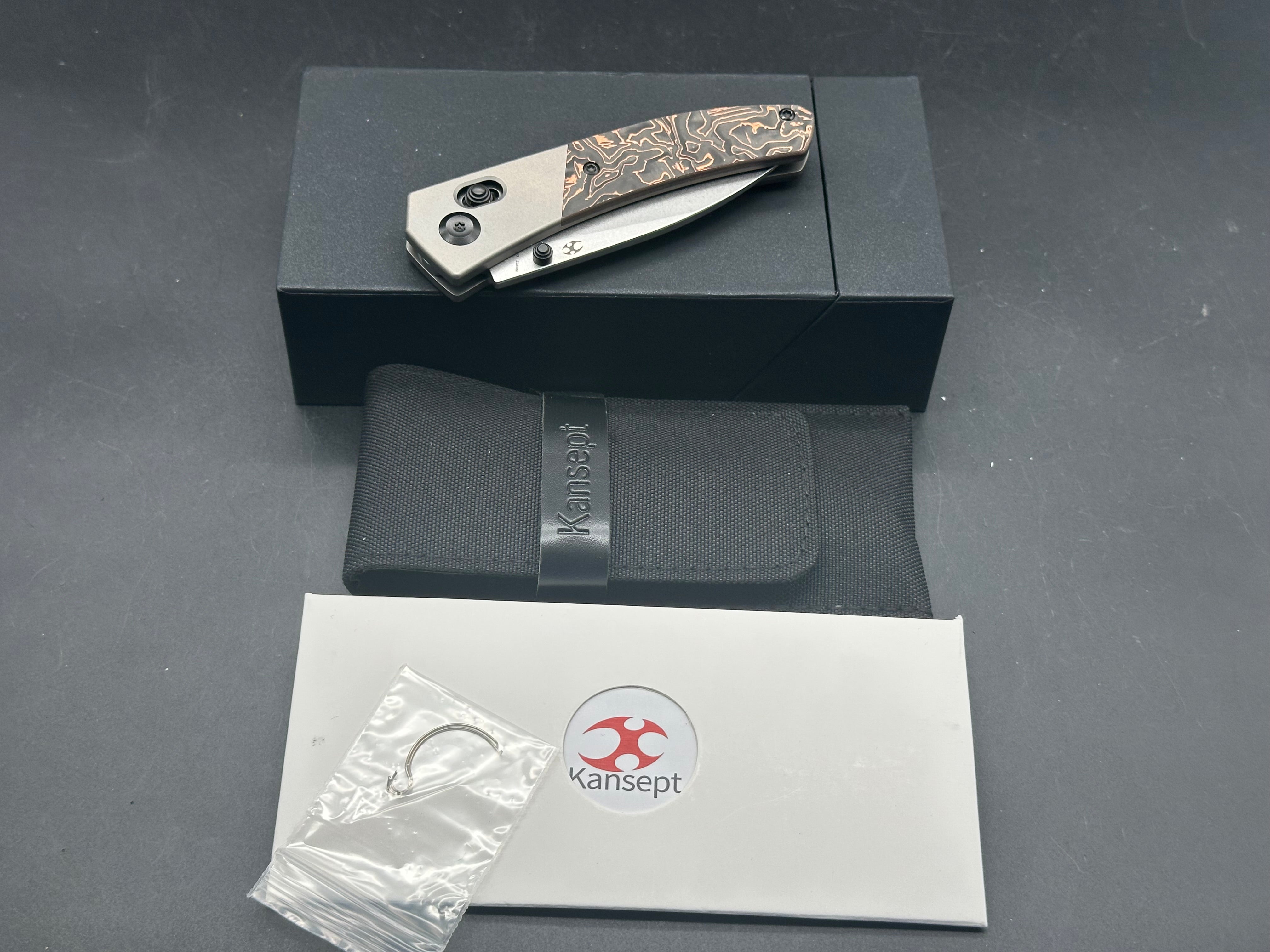 Premium KANSEPT DAKO Titanium/Copper Folding Knife with Carbon Fiber Handle - S35VN Steel Plain Edge, Stonewash Finish - Perfect for EDC, Outdoor Adventures & Camping