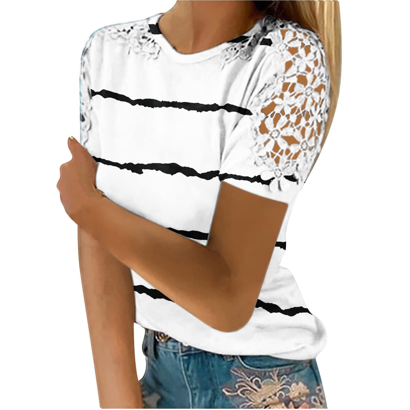Elegant Women's V-Neck Lace Sleeve T-Shirt - Casual Summer Blouse, Floral Tunic Top & Tank Tee - Perfect for Daily Wear, Office, Dating and Vacation Outfits (White)