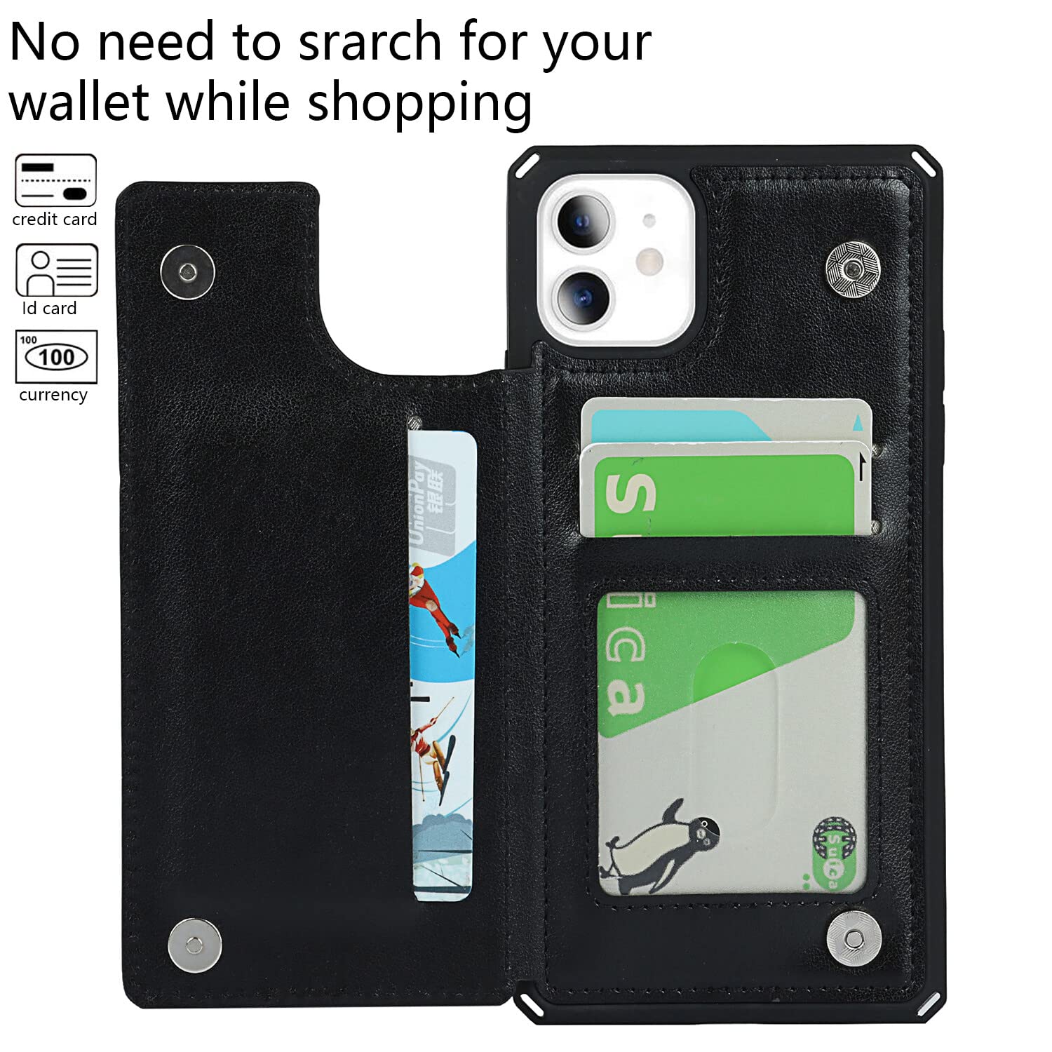 Premium Leather iPhone 11 Wallet Case with Card Holder & Wrist Strap - Shockproof Protective Cover with Stand Feature for Men & Women | Perfect for Travel, Shopping & Everyday Use (Macaron Black)
