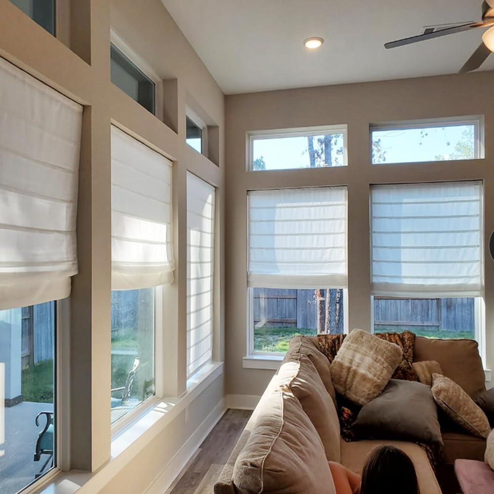 Cordless Roman Shades Window Blinds - Light Filtering White Fabric Custom Window Coverings for Home & Office | Perfect for Bedroom, Living Room & Patio Doors
